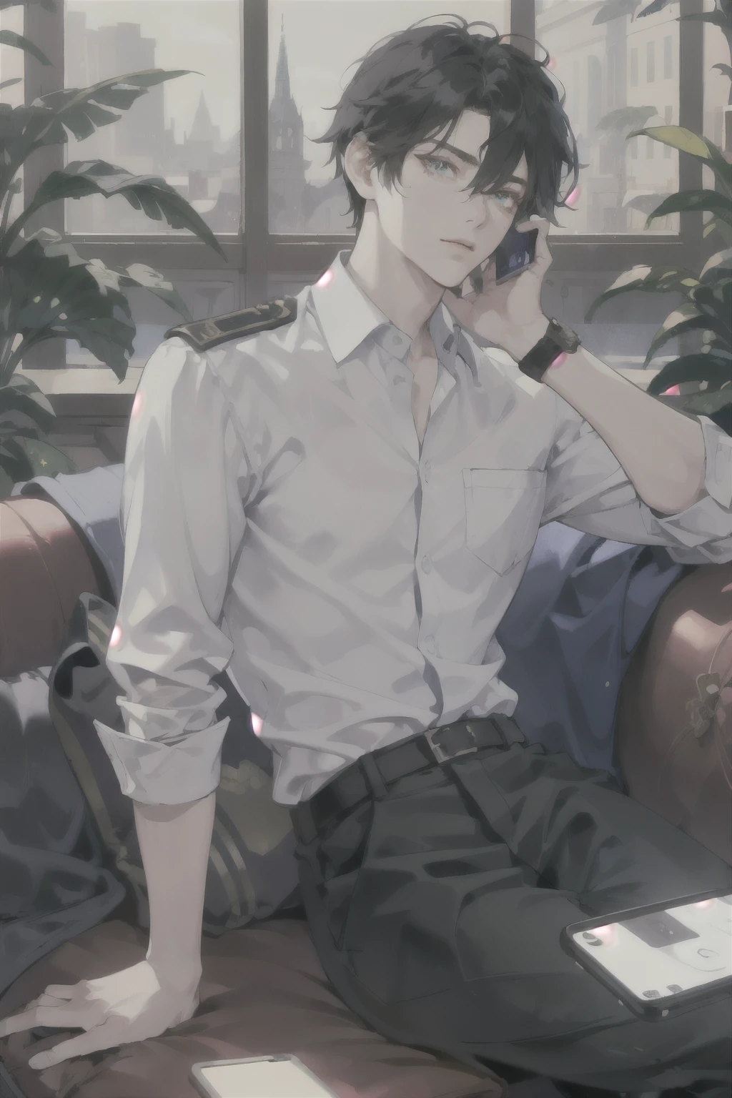 masterpiece, best quality, ultra detailed, (solo man), (male focus), ((Oblong face)), ((Square jawline)), black hair, ((hairs between eyes)), ((shoulder length)), ((narrow blue eye)), fair skin, skinny body, beauty mark, {uniform, outfit, clothes}, dress shirt, watch, holding a phone, sitting on sofa