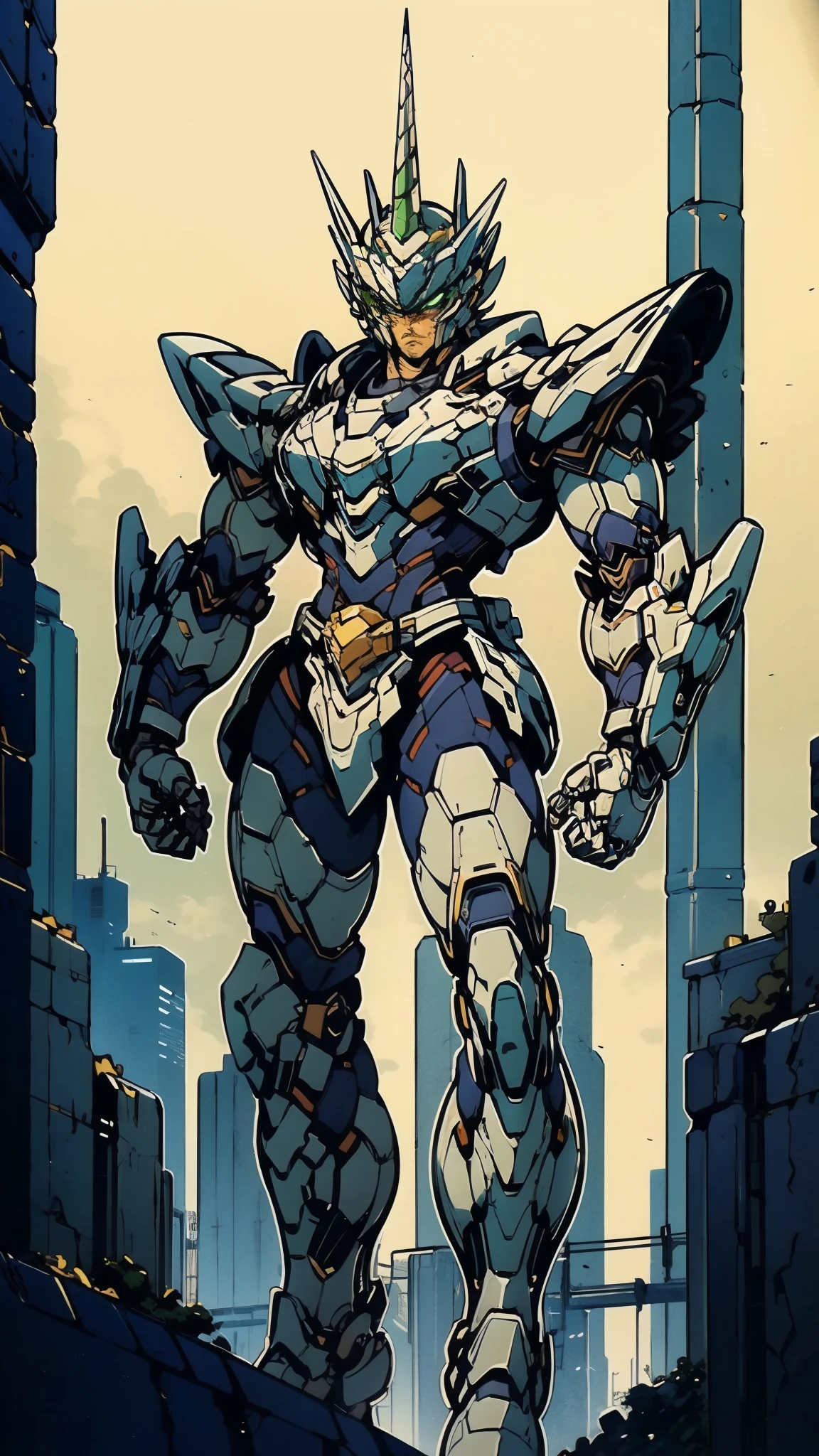 A man wearing a full-face helmet, a fantasy-style biotech armored combat suit, green eyes, (a composite layered chest armor), fully enclosed shoulder guards, matching arm and leg guards, the belt is adorned with Horseshoe-shaped marker, (the color scheme is primarily white with green accents), the design balances heavy with agility, a high-tech bio-mecha armor, (Armor Concept Inspired by Unicorn, stand on the top of a skyscraper in a futuristic sci-fi city), this character embodies a finely crafted fantasy-surreal style armored hero in anime style, exquisite and mature manga art style, (battle damage, element, plasma, energy, the armor glows), ((male:1.5)), metallic, real texture material, dramatic, high definition, best quality, highres, ultra-detailed, ultra-fine painting, extremely delicate, professional, perfect body proportions, golden ratio, anatomically correct, symmetrical face, extremely detailed eyes and face, high quality eyes, creativity, RAW photo, UHD, 32k, Natural light, cinematic lighting, masterpiece-anatomy-perfect, masterpiece:1.5