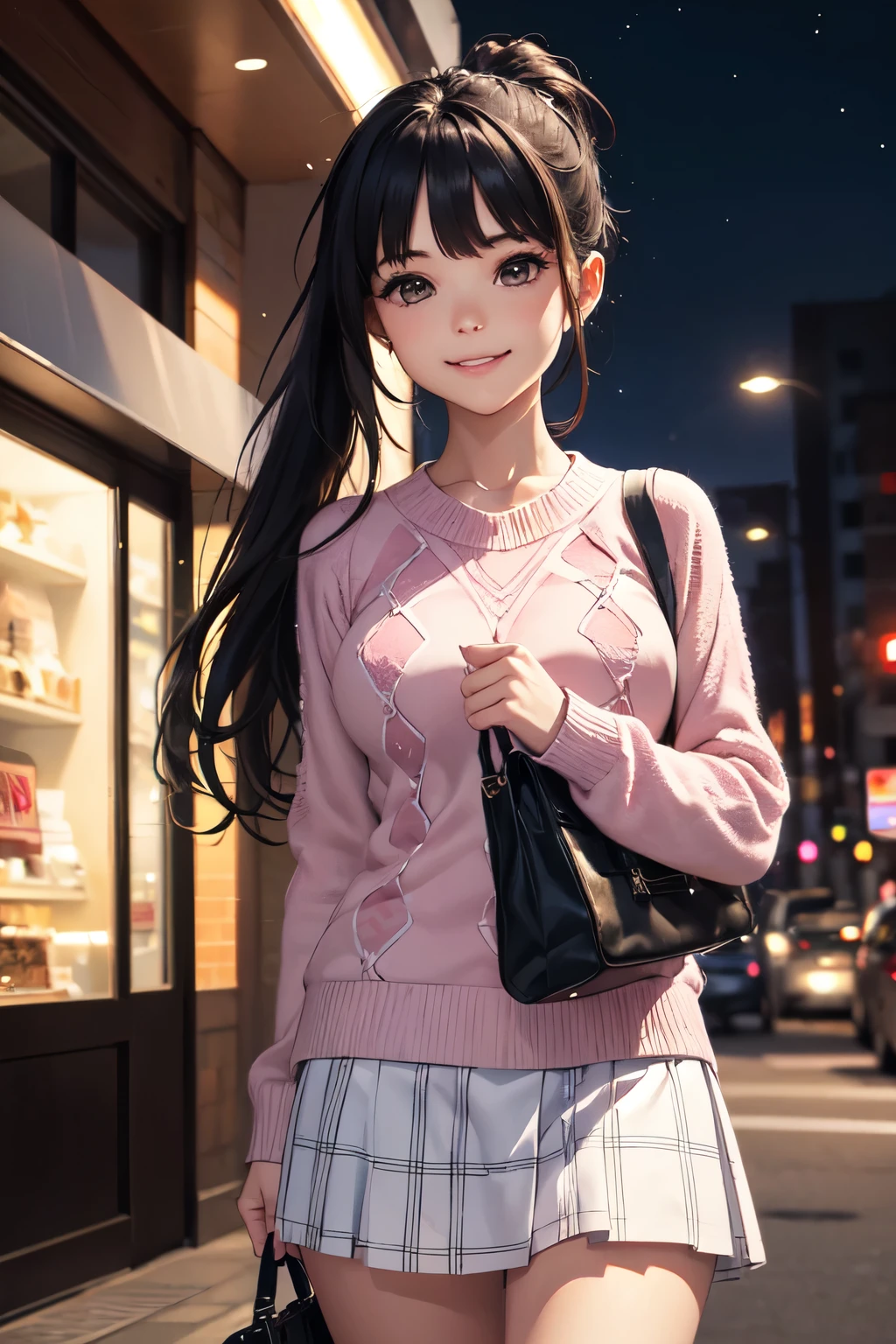 very cute and beautiful girl,(highly detailed beautiful face),
(smile),happy,embarrassed,looking at viewer,(argyle pattern sweater),cowboy shot,(white and pink plaid skirt),
standing in front of hotel entrance in modern capital city,night,holding tote bag,black hair,low ponytail,
(best quality,masterpiece),absurdres,highres,ultra-detailed,extremely detailed,32k,8k resolution,
intricate details,cinematic scene,detailed background,solo,dynamic angle,