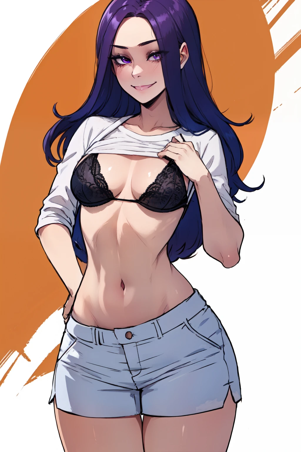 (absurdres, highres, ultra detailed, high resolution: 1.1) BREAK 1girl, long purple hair, solo, smile, BREAK shorts pull, red underwear, white shirt lift, nice hands, perfect hands,