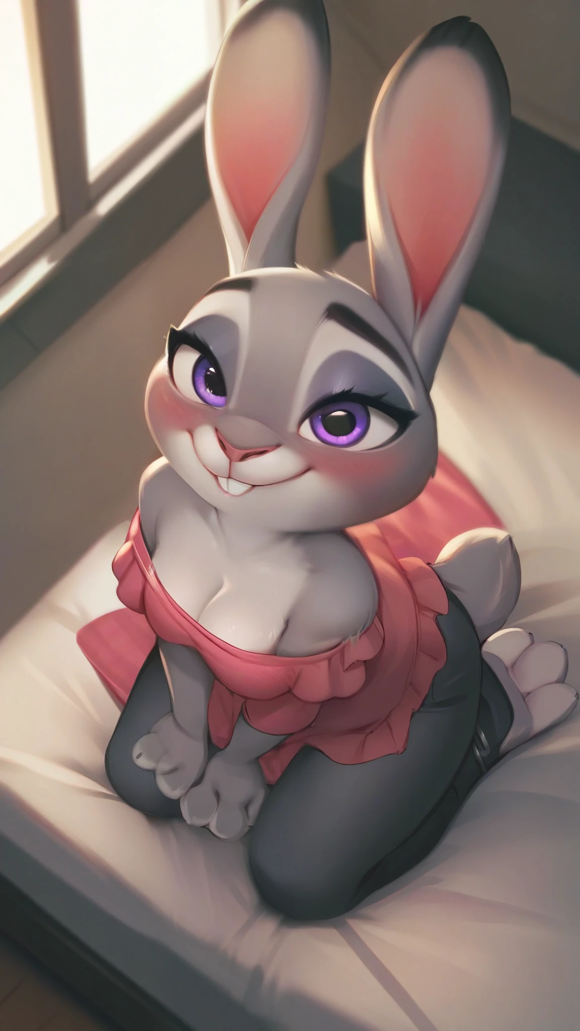 milesdf, score_9, score_9_up, score_8_up, score_7_up, score_6_up, score_5_up, source furry, anthro, Long exposure photo of Hyperrealistic art anthro, judy hopps, detailed two tone grey fur body with white chest, grey lagomorph feminine beautiful face, fully in view, kneeling, solo, fully clothed, nsfw, buckteeth, smiling, blushing, birds eye view shot, indoors in bedroom with romantic lighting, animal feet with pawpads, plunging neckline, ahegao, open mouth, tongue out, drooling cute eyes
 