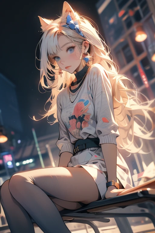 Relaxed character and white cat anime girl sitting on a bench looking at the stars, anime art wallpaper 8 k, anime art wallpaper 4k, anime art wallpaper 4 k, 4k anime wallpaper, anime wallpaper 4k, anime wallpaper 4 k, anime style 4 k, 4 k manga wallpaper, watching the sun set. anime, anime girl desktop background, anime wallpaper, anime background