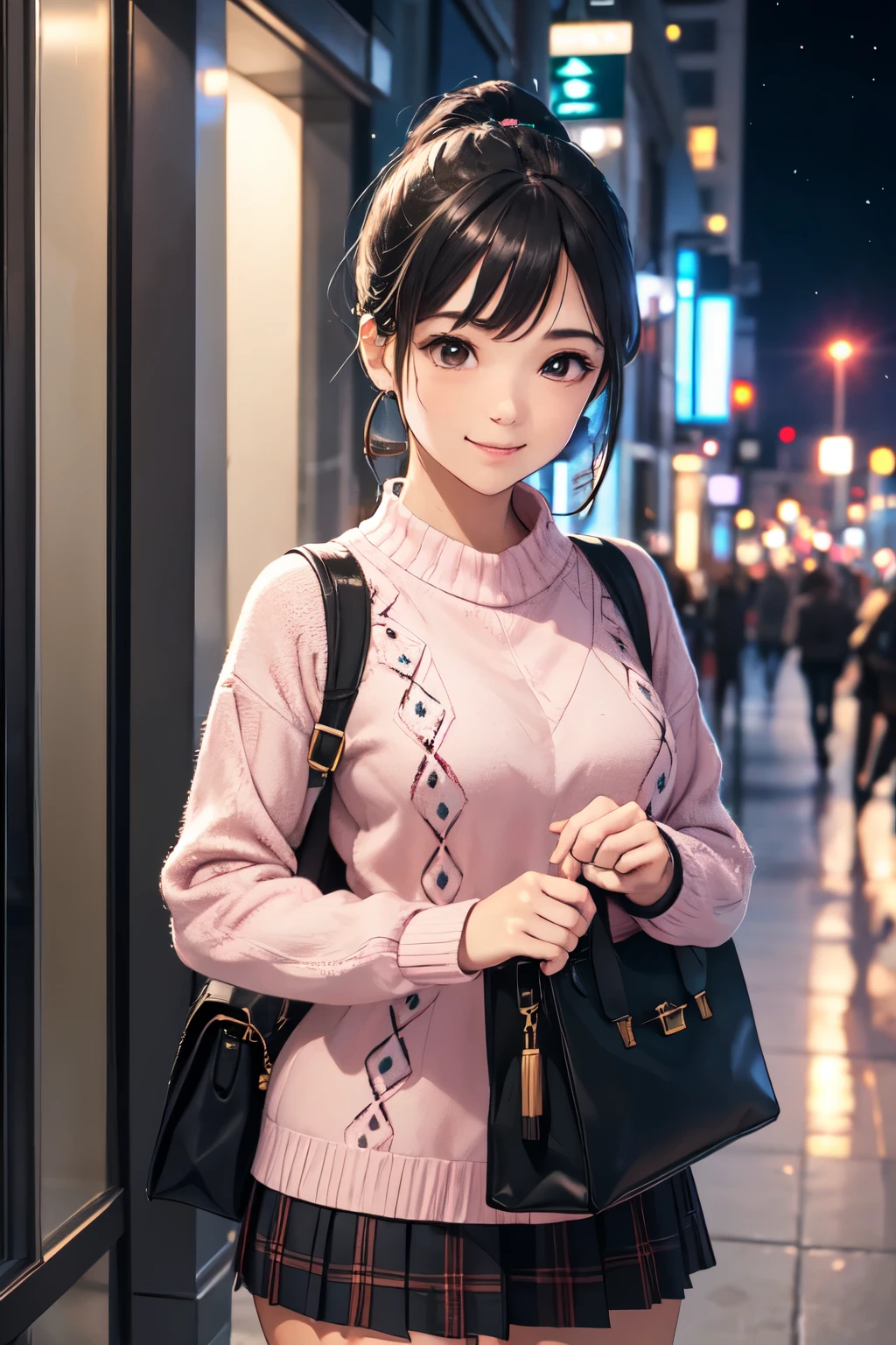 very cute and beautiful girl,(highly detailed beautiful face),
(smile),happy,embarrassed,looking at viewer,(argyle pattern sweater),cowboy shot,(white and pink plaid skirt),
standing in front of hotel entrance in modern capital city,night,holding tote bag,black hair,low ponytail,
(best quality,masterpiece),absurdres,highres,ultra-detailed,extremely detailed,32k,8k resolution,
intricate details,cinematic scene,detailed background,solo,dynamic angle,