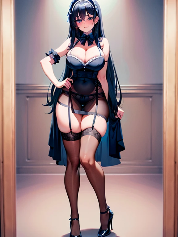 Maid, sexy body, big breasts, cleavage, big hip, stockings, garter belts, blushing, smiling, beautiful face, detailed face, very detailed eyes, long black hair, blue eyes, full body, high quality, bedroom