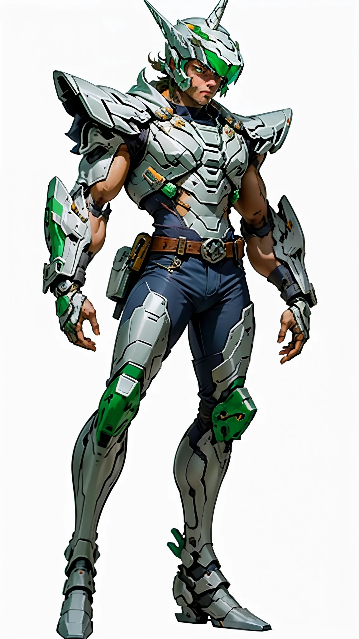 A man wearing a full-face helmet, a fantasy-style biotech armored combat suit, green eyes, (a composite layered chest armor), fully enclosed shoulder guards, matching arm and leg guards, the belt is adorned with Horseshoe-shaped marker, (the color scheme is primarily white with green accents), the design balances heavy with agility, a high-tech bio-mecha armor, (Armor Concept Inspired by Unicorn, stand on the top of a skyscraper in a futuristic sci-fi city), this character embodies a finely crafted fantasy-surreal style armored hero in anime style, exquisite and mature manga art style, (battle damage, element, plasma, energy, the armor glows), ((male:1.5)), metallic, real texture material, dramatic, high definition, best quality, highres, ultra-detailed, ultra-fine painting, extremely delicate, professional, perfect body proportions, golden ratio, anatomically correct, symmetrical face, extremely detailed eyes and face, high quality eyes, creativity, RAW photo, UHD, 32k, Natural light, cinematic lighting, masterpiece-anatomy-perfect, masterpiece:1.5