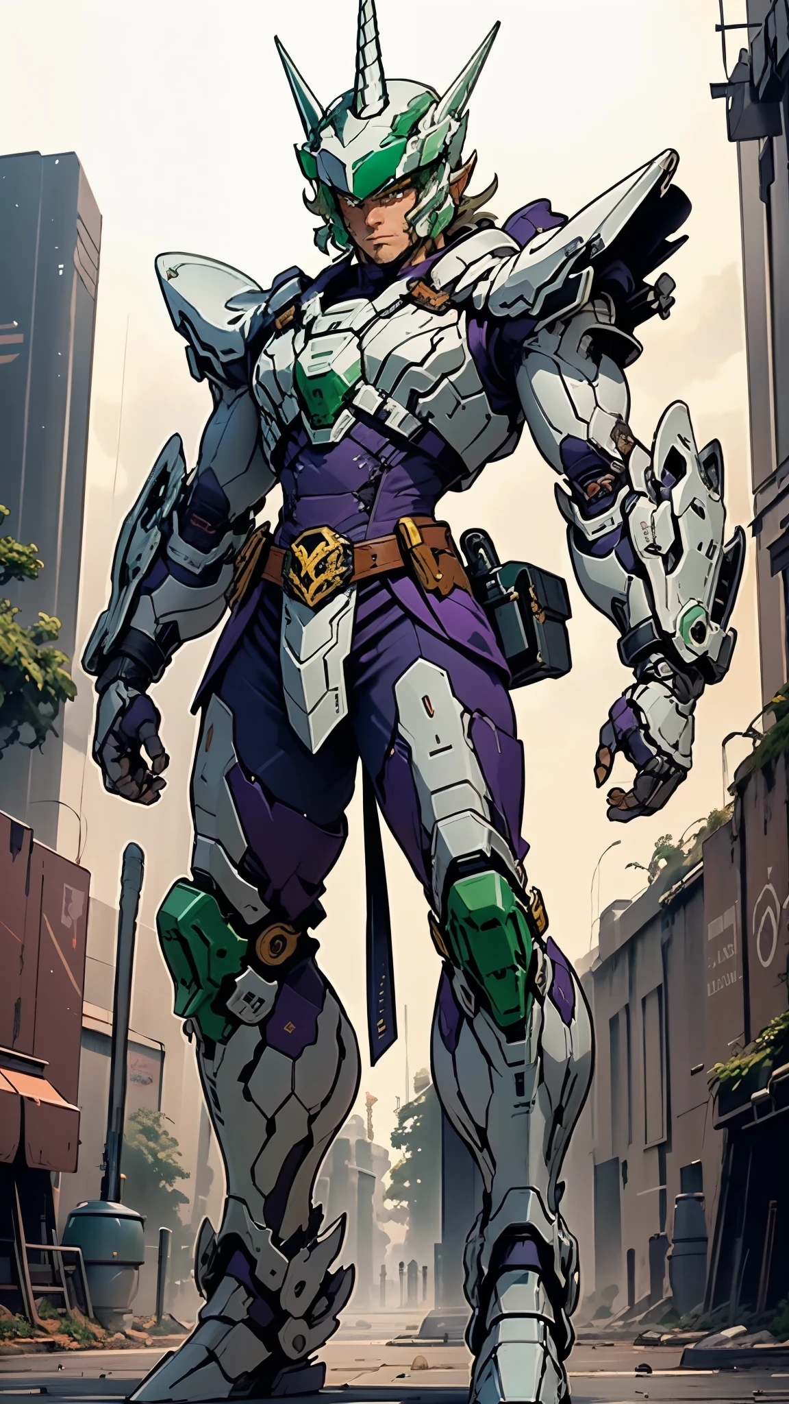 A man wearing a full-face helmet, a fantasy-style biotech armored combat suit, green eyes, (a composite layered chest armor), fully enclosed shoulder guards, matching arm and leg guards, the belt is adorned with Horseshoe-shaped marker, (the color scheme is primarily white with green accents), the design balances heavy with agility, a high-tech bio-mecha armor, (Armor Concept Inspired by Unicorn, stand on the top of a skyscraper in a futuristic sci-fi city), this character embodies a finely crafted fantasy-surreal style armored hero in anime style, exquisite and mature manga art style, (battle damage, element, plasma, energy, the armor glows), ((male:1.5)), metallic, real texture material, dramatic, high definition, best quality, highres, ultra-detailed, ultra-fine painting, extremely delicate, professional, perfect body proportions, golden ratio, anatomically correct, symmetrical face, extremely detailed eyes and face, high quality eyes, creativity, RAW photo, UHD, 32k, Natural light, cinematic lighting, masterpiece-anatomy-perfect, masterpiece:1.5