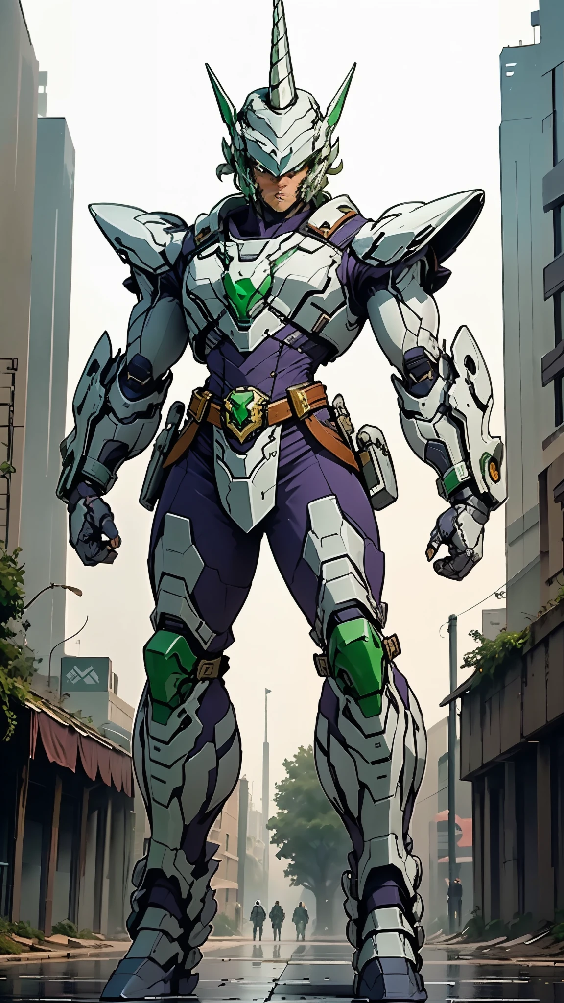 A man wearing a full-face helmet, a fantasy-style biotech armored combat suit, green eyes, (a composite layered chest armor), fully enclosed shoulder guards, matching arm and leg guards, the belt is adorned with Horseshoe-shaped marker, (the color scheme is primarily white with green accents), the design balances heavy with agility, a high-tech bio-mecha armor, (Armor Concept Inspired by Unicorn, stand on the top of a skyscraper in a futuristic sci-fi city), this character embodies a finely crafted fantasy-surreal style armored hero in anime style, exquisite and mature manga art style, (battle damage, element, plasma, energy, the armor glows), ((male:1.5)), metallic, real texture material, dramatic, high definition, best quality, highres, ultra-detailed, ultra-fine painting, extremely delicate, professional, perfect body proportions, golden ratio, anatomically correct, symmetrical face, extremely detailed eyes and face, high quality eyes, creativity, RAW photo, UHD, 32k, Natural light, cinematic lighting, masterpiece-anatomy-perfect, masterpiece:1.5