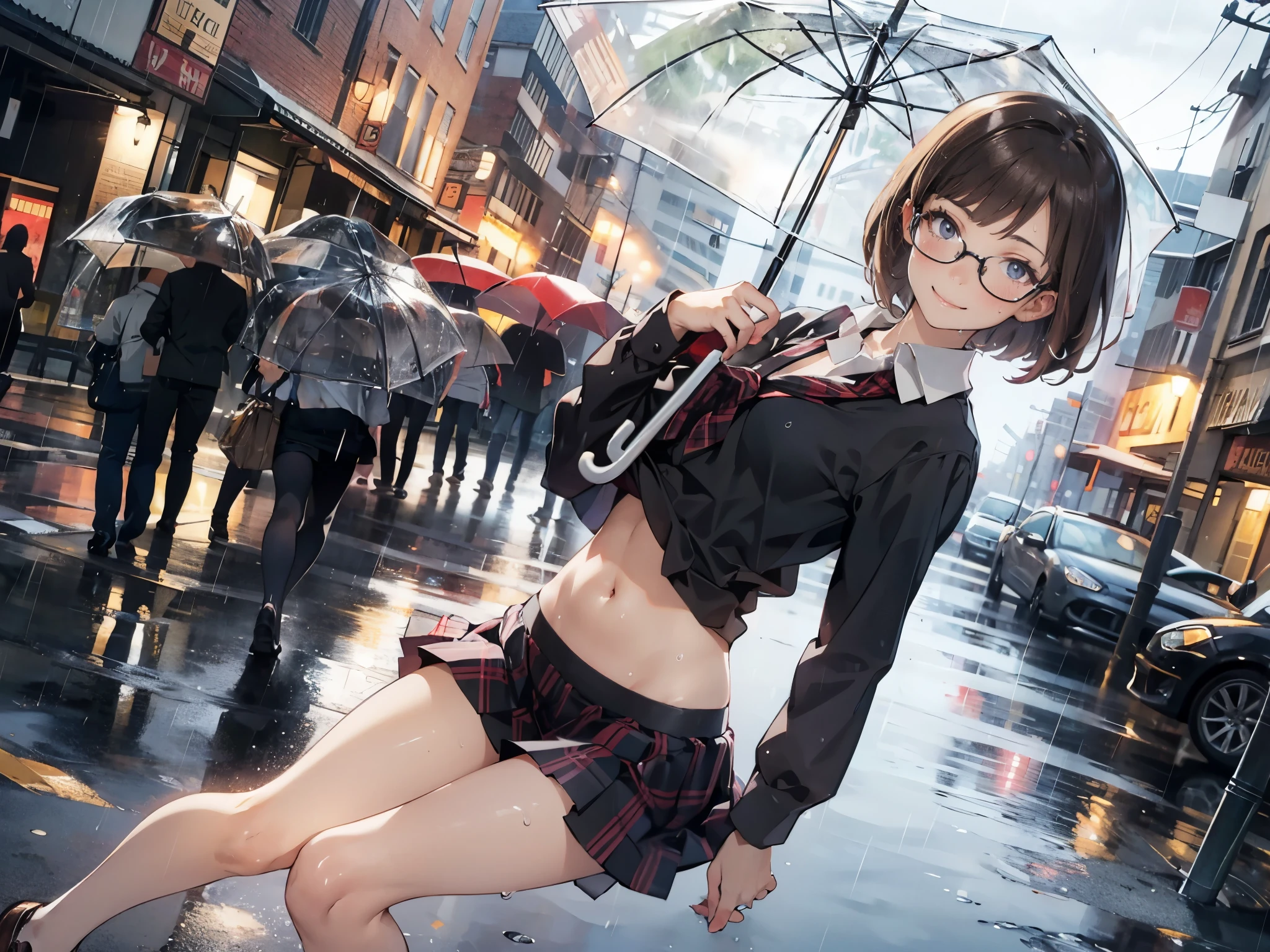 (super flat, flat shading), Honors Type, Really blushing, , high school girl, wearing long sleeve shirt and plaid pleated mini skirt, Short bob cut brown hair, Glasses, sweaty healthy body, smile, bare legs, loafers, ultra realistic, early morning, breeze skirt lift, (clothes lift:1.2) (navel:1.5), (standing and spread legs open), in crowded street, rainy day, clothes nothing,