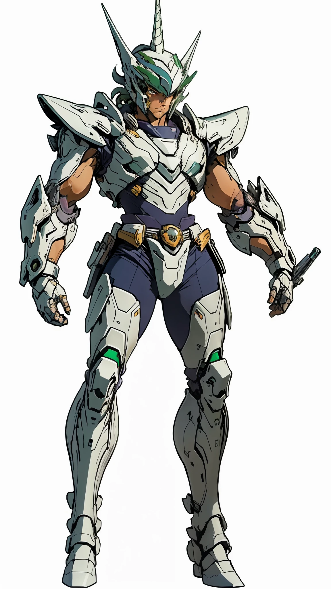 A man wearing a full-face helmet, a fantasy-style biotech armored combat suit, green eyes, (a composite layered chest armor), fully enclosed shoulder guards, matching arm and leg guards, the belt is adorned with Horseshoe-shaped marker, (the color scheme is primarily white with green accents), the design balances heavy with agility, a high-tech bio-mecha armor, (Armor Concept Inspired by Unicorn, stand on the top of a skyscraper in a futuristic sci-fi city), this character embodies a finely crafted fantasy-surreal style armored hero in anime style, exquisite and mature manga art style, (battle damage, element, plasma, energy, the armor glows), ((male:1.5)), metallic, real texture material, dramatic, high definition, best quality, highres, ultra-detailed, ultra-fine painting, extremely delicate, professional, perfect body proportions, golden ratio, anatomically correct, symmetrical face, extremely detailed eyes and face, high quality eyes, creativity, RAW photo, UHD, 32k, Natural light, cinematic lighting, masterpiece-anatomy-perfect, masterpiece:1.5