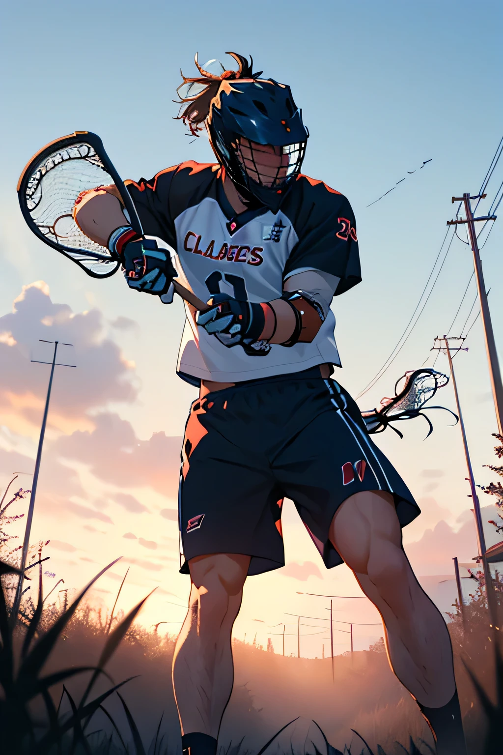 aggressive lacrosse player illustration digital art red and black jersey perfect detasils ((best quality)), ((masterpiece)), (detailed), perfect face