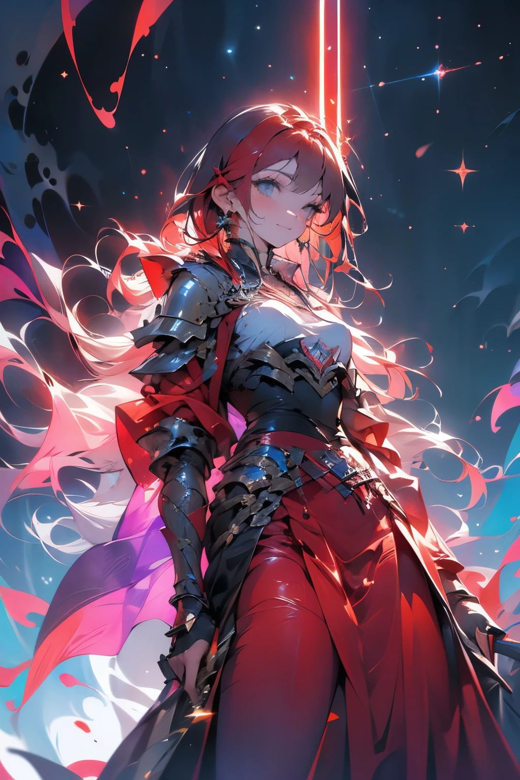 ((best quality)), ((masterpiece)), (detailed), beautiful girl with maroon colored hair surrounded by magic, modestly dressed and happy, looking up into the night sky