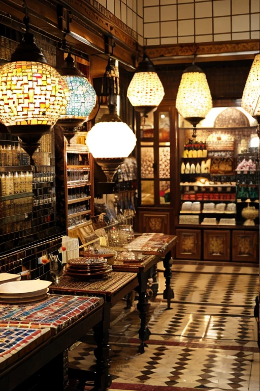 Turkish lamps and traditional tableware on a mosaic tile table in a general store in Istanbul&#39;s market, Blue Mosque