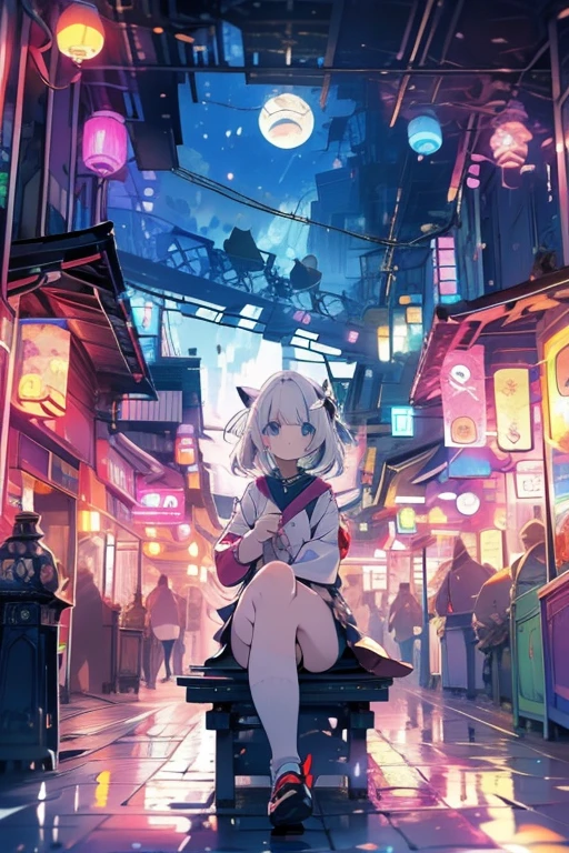 Relaxed character and white cat anime girl sitting on a bench looking at the stars, anime art wallpaper 8 k, anime art wallpaper 4k, anime art wallpaper 4 k, 4k anime wallpaper, anime wallpaper 4k, anime wallpaper 4 k, anime style 4 k, 4 k manga wallpaper, watching the sun set. anime, anime girl desktop background, anime wallpaper, anime background