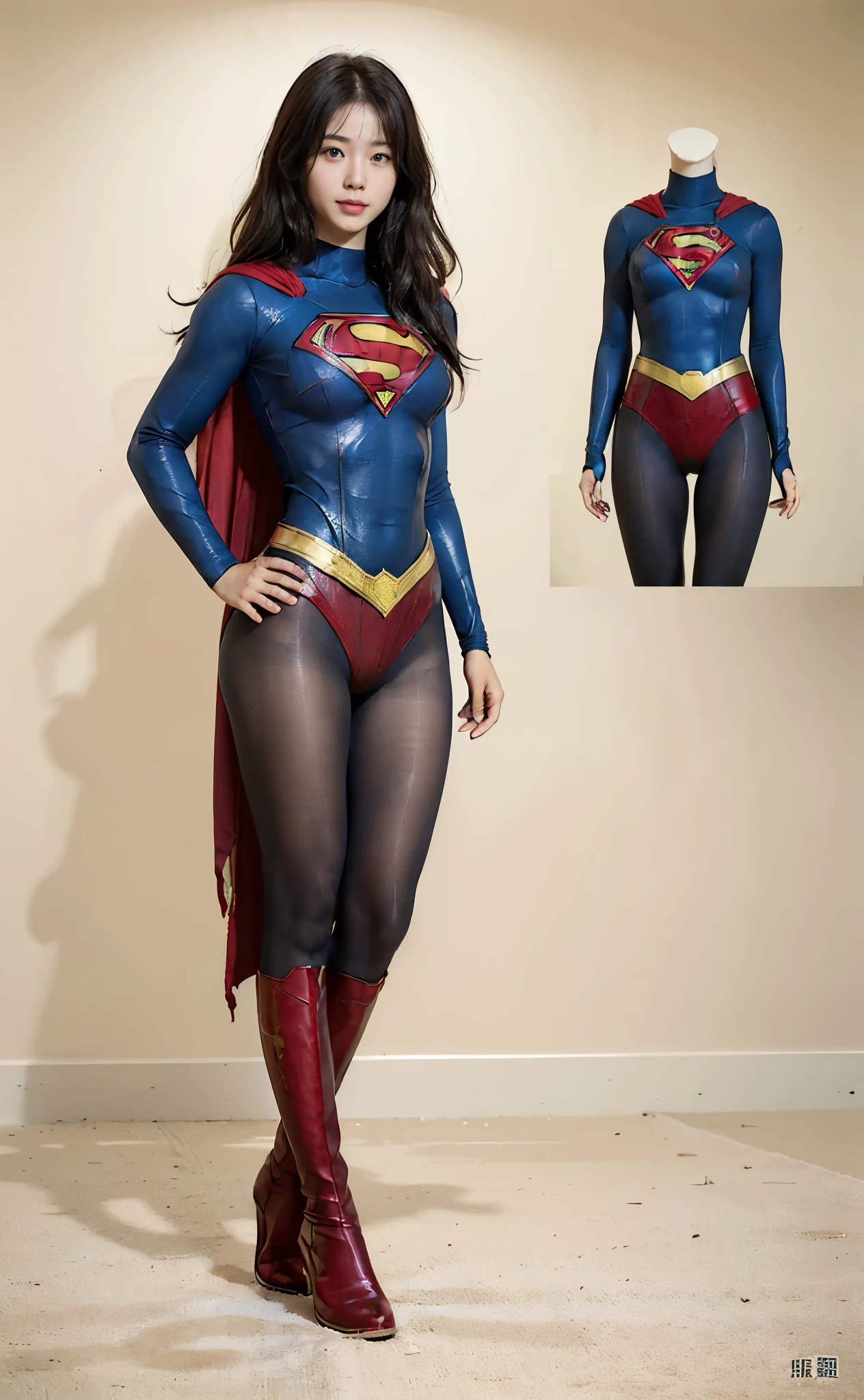 No background、(((Beautiful legs in black tights.)))、(((Legally express the beauty of your smile)))、((((Make the most of your original images)))、(((Body-fitting Supergirl costume)))、(((Supergirl Costume)))、(((Beautiful Hair)))、(((suffering)))、(((Please wear black tights....、Wear red boots)))、((Best image quality、8k))、((highest quality、8k、masterpiece:1.3))、(((Preserve background )))、Sharp focus:1.2、Beautiful woman with perfect figure:1.4、Slim Abs:1.2、Wet body:1.5、Highly detailed face and skin texture、8k