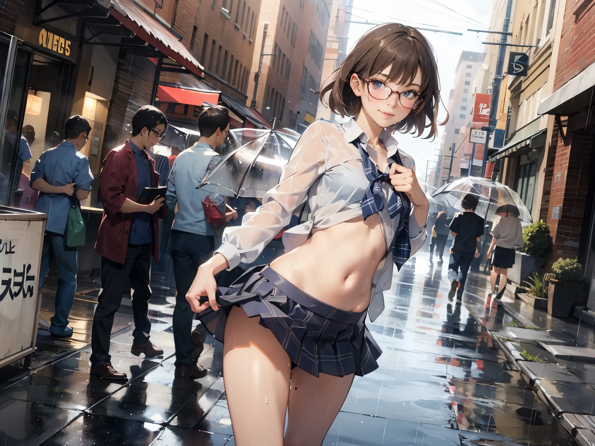 (super flat, flat shading), Honors Type, Really blushing, , high school girl, wearing long sleeve shirt and plaid pleated mini skirt, Short bob cut brown hair, Glasses, sweaty healthy body, smile, bare legs, loafers, ultra realistic, early morning, breeze skirt lift, (clothes lift:1.2) (navel:1.5), (sex pose), in crowded street, rainy day, transparent clothes,