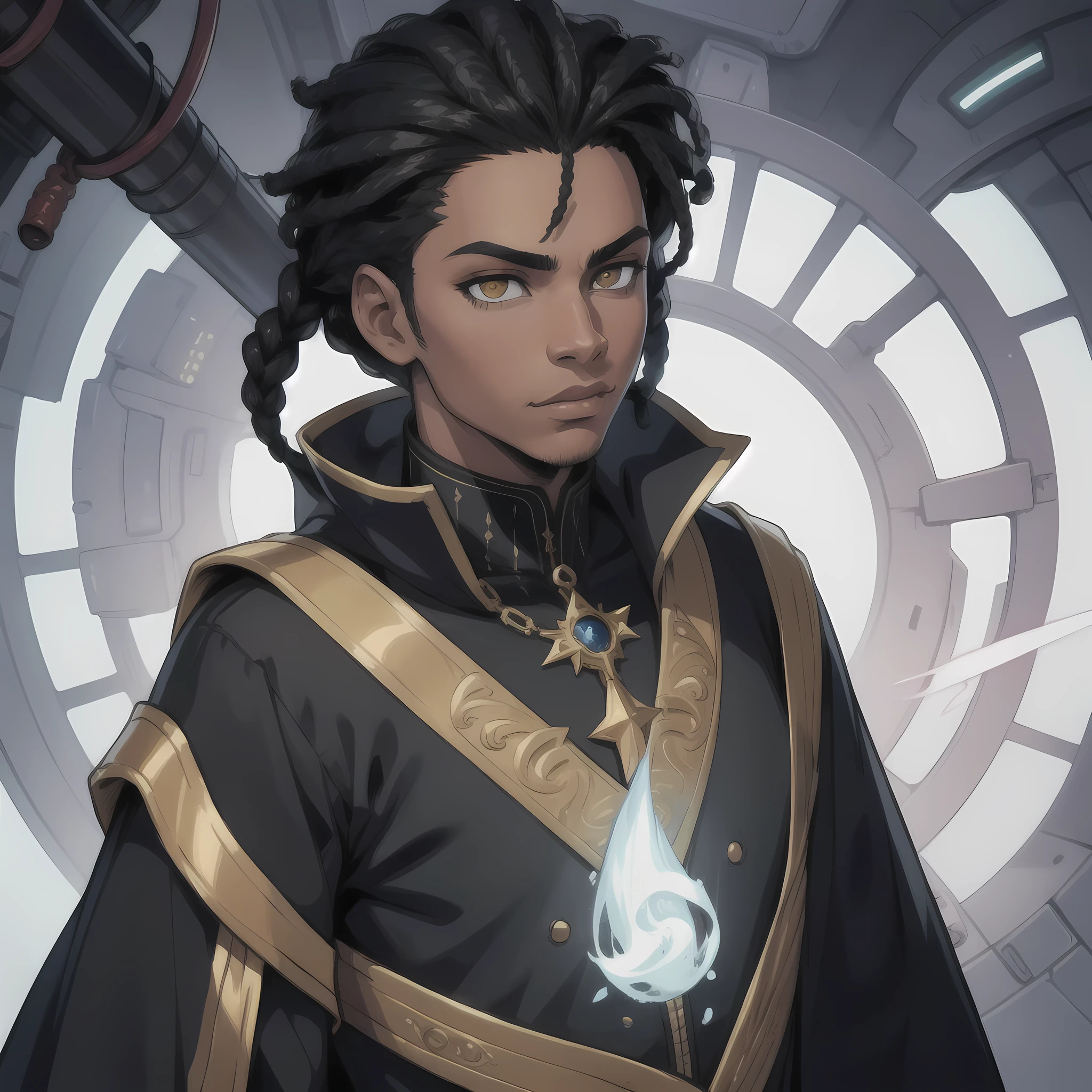 A wasit up solo portrait, Masterpiece Quality, complex details, close-up shot, color-defused, of a young African-American prince, with short black dreadlocks, and golden eyes, dressed casually, mage, he's a sorcerer, Sci-fi, Fantasy