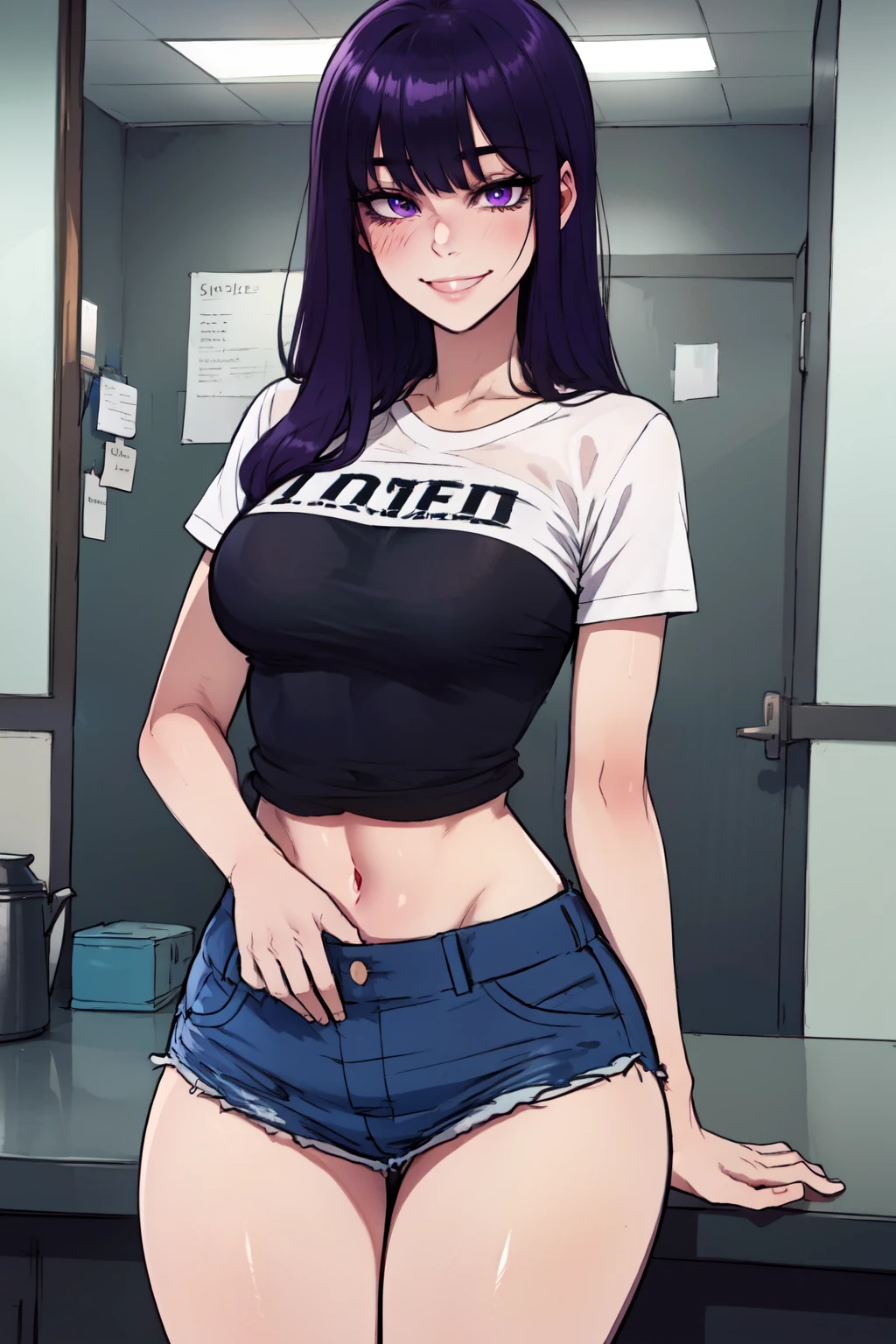 (absurdres, highres, ultra detailed, high resolution: 1.1) BREAK 1girl, long purple hair, solo, smile, BREAK  shorts pull, underwear, white shirt lift, nice hands, perfect hands,