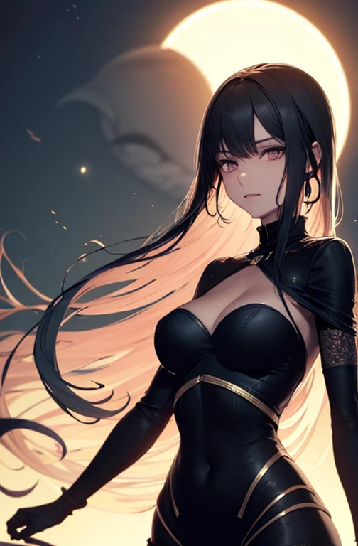 female villain, beautiful flowing hair, detailed, standing,upper body, skinny, black solar eclipse, esoteric,