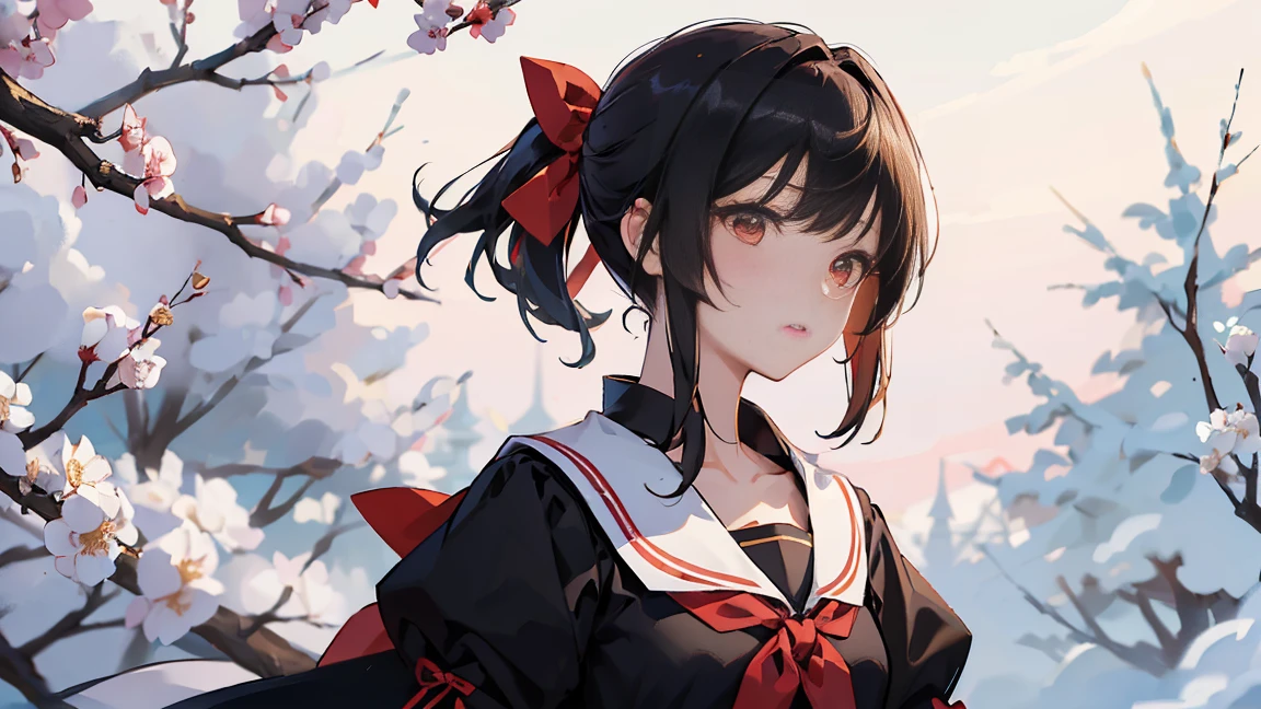 masterpiece, highest quality, Very detailed, 16k, One Girl, spring, high school, Warm colors, 正確でVery detailedな背景, Mr....々 In uniform, cute. break. Kaguya Shinomiya, Red eyes, Black Hair, ribbon, red ribbon, hair ribbon, Parted bangs, Folded ponytail, , Shuchiin Academy , dress, Side Lock, chest, black dress, clavicle, short hair, Long sleeve