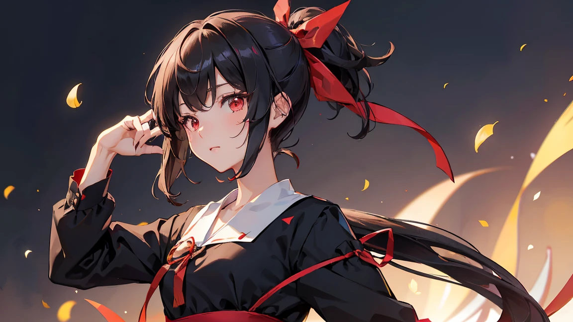 masterpiece, highest quality, Very detailed, 16k, One Girl, spring, high school, Warm colors, 正確でVery detailedな背景, Mr....々 In uniform, cute. break. Kaguya Shinomiya, Red eyes, Black Hair, ribbon, red ribbon, hair ribbon, Parted bangs, Folded ponytail, , Shuchiin Academy , dress, Side Lock, chest, black dress, clavicle, short hair, Long sleeve