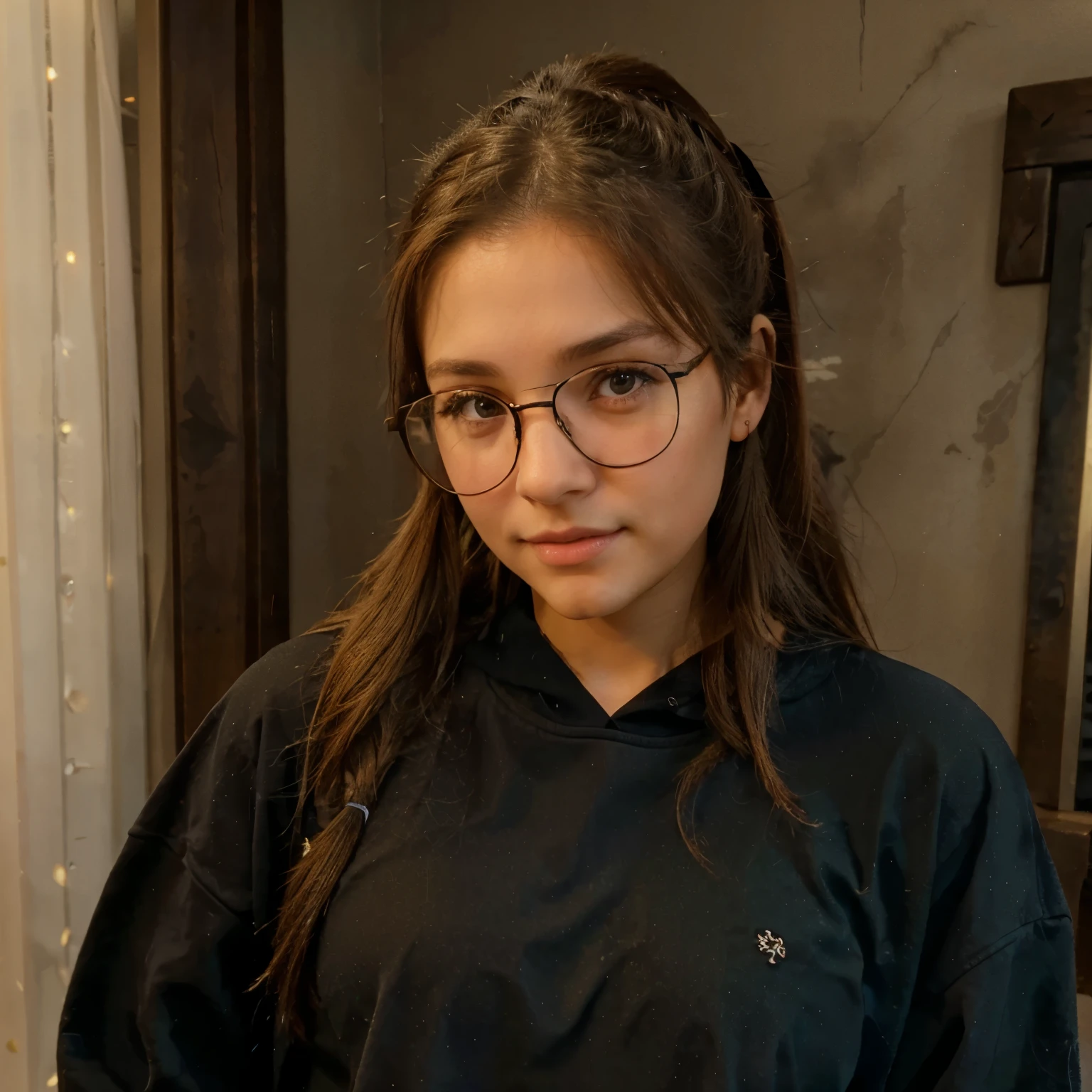 Girl with long brown hair, brown eyes, , ponytail, black glasses 