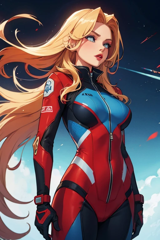 Girl with long blonde hair with blue at the bottom with a red gradient moving up to half way hair, red lips, wearing a pilot suit