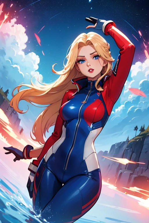 Girl with long blonde hair with blue at the bottom with a red gradient moving up to half way hair, red lips, wearing a pilot suit