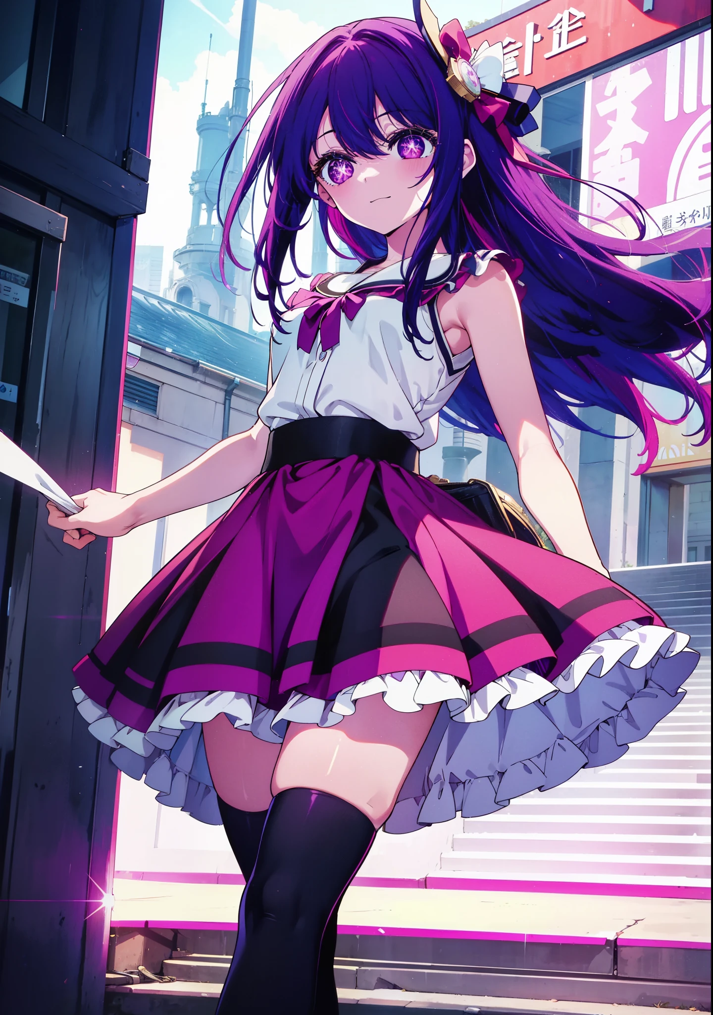 aihoshino, Ai Hoshino, Long Hair, bangs, (Purple eyes:1.1), Purple Hair, (Symbol-shaped pupil:1.5), smile,Medium chest,happy smile, smile, Close your mouth,Jack Hat,Purple sleeveless dress,Purple mini skirt,Black knee socks,short boots,
Place your right hand on your hip,Looking up from below,whole bodyがイラストに入るように,
break outdoors, In town,ビル街
break looking at viewer, whole body,
break (masterpiece:1.2), highest quality, High resolution, unity 8k wallpaper, (figure:0.8), (Beautiful fine details:1.6), Highly detailed face, Perfect lighting, Highly detailed CG, (Perfect hands, Perfect Anatomy),