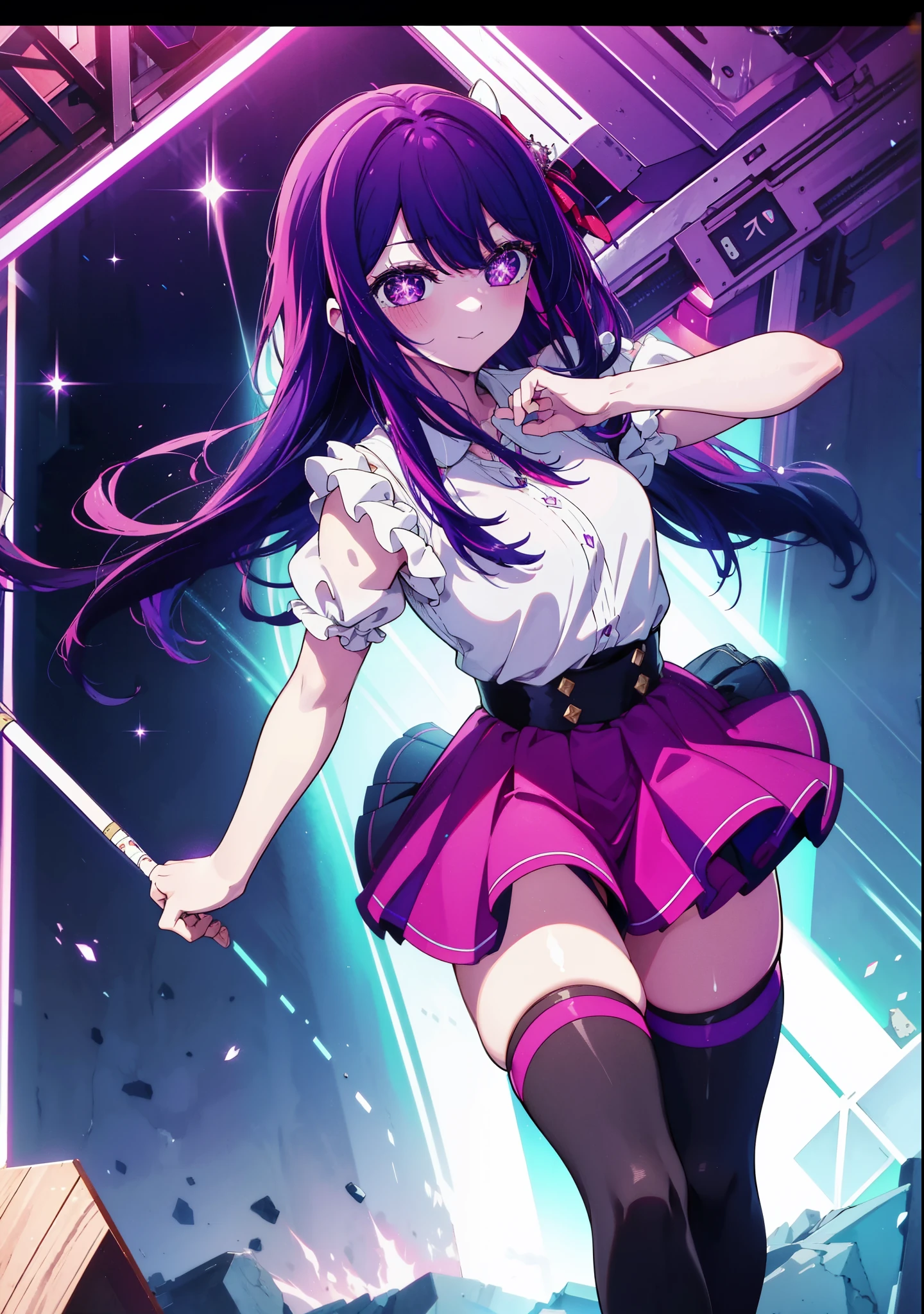 aihoshino, Ai Hoshino, Long Hair, bangs, (Purple eyes:1.1), Purple Hair, (Symbol-shaped pupil:1.5), smile,Medium chest,happy smile, smile, Close your mouth,Jack Hat,Purple sleeveless dress,Purple mini skirt,Black knee socks,short boots,
Place your right hand on your hip,Looking up from below,whole bodyがイラストに入るように,
break outdoors, In town,ビル街
break looking at viewer, whole body,
break (masterpiece:1.2), highest quality, High resolution, unity 8k wallpaper, (figure:0.8), (Beautiful fine details:1.6), Highly detailed face, Perfect lighting, Highly detailed CG, (Perfect hands, Perfect ???????),