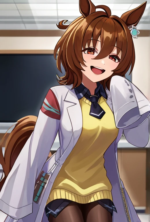 source_japanese cartoon movies, alone, 1 woman, agnes tachyon, laugh, looking at viewer, horse ears, lab coat, The sleeves go past the fingers, yellow sweater, black tie, pantyhose, single earring, horsetail,