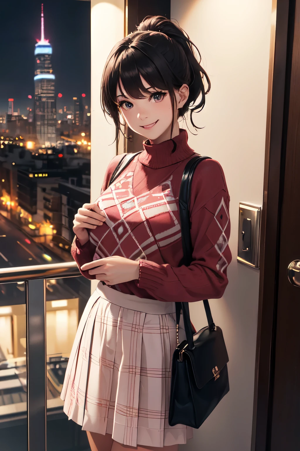 very cute and beautiful girl,(highly detailed beautiful face and eyes),
(smile:1.2),happy,embarrassed,looking up,looking at viewer,(argyle pattern sweater),cowboy shot,(white and pink plaid skirt),
standing in luxury elevator in hotel,night city view,holding tote bag,black hair,low ponytail,
(best quality,masterpiece),absurdres,highres,ultra-detailed,extremely detailed,32k,8k resolution,
intricate details,cinematic scene,detailed background,solo,dynamic angle,