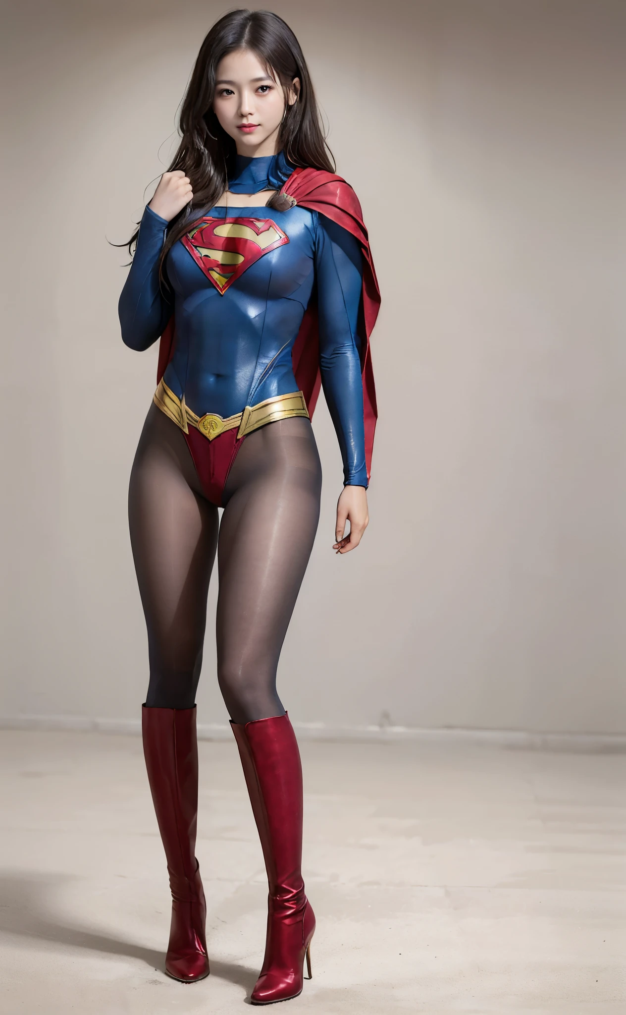 No background、(((Beautiful legs in black tights.)))、(((Legally express the beauty of your smile)))、((((Make the most of your original images)))、(((Body-fitting Supergirl costume)))、(((Supergirl Costume)))、(((Beautiful Hair)))、(((suffering)))、(((Please wear black tights....、Wear red boots)))、((Best image quality、8k))、((highest quality、8k、masterpiece:1.3))、(((Preserve background )))、Sharp focus:1.2、Beautiful woman with perfect figure:1.4、Slim Abs:1.2、Wet body:1.5、Highly detailed face and skin texture、8k