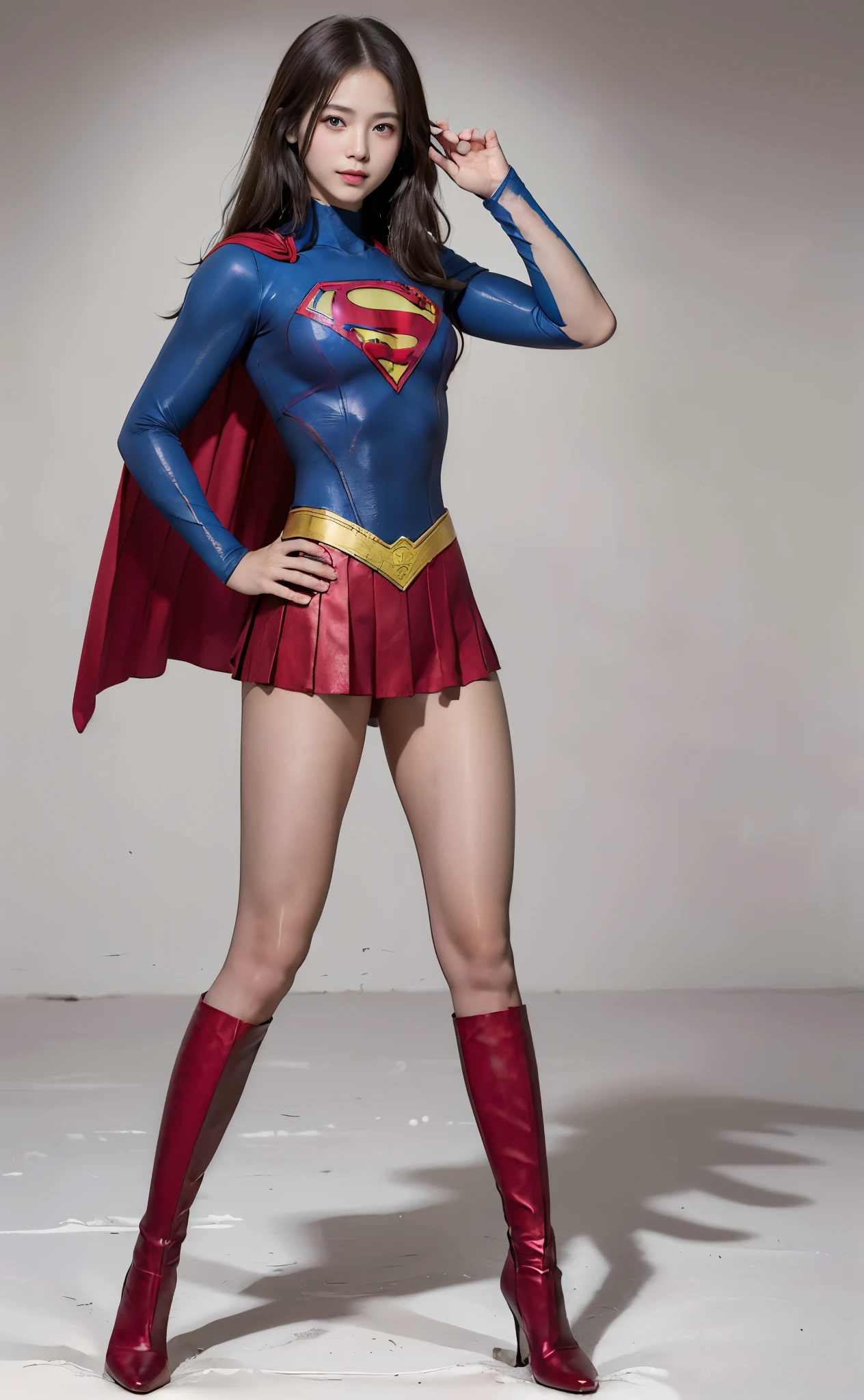 No background、(((Beautiful legs in black tights.)))、(((Legally express the beauty of your smile)))、((((Make the most of your original images)))、(((Body-fitting Supergirl costume)))、(((Supergirl Costume)))、(((Beautiful Hair)))、(((suffering)))、(((Please wear black tights....、Wear red boots)))、((Best image quality、8k))、((highest quality、8k、masterpiece:1.3))、(((Preserve background )))、Sharp focus:1.2、Beautiful woman with perfect figure:1.4、Slim Abs:1.2、Wet body:1.5、Highly detailed face and skin texture、8k