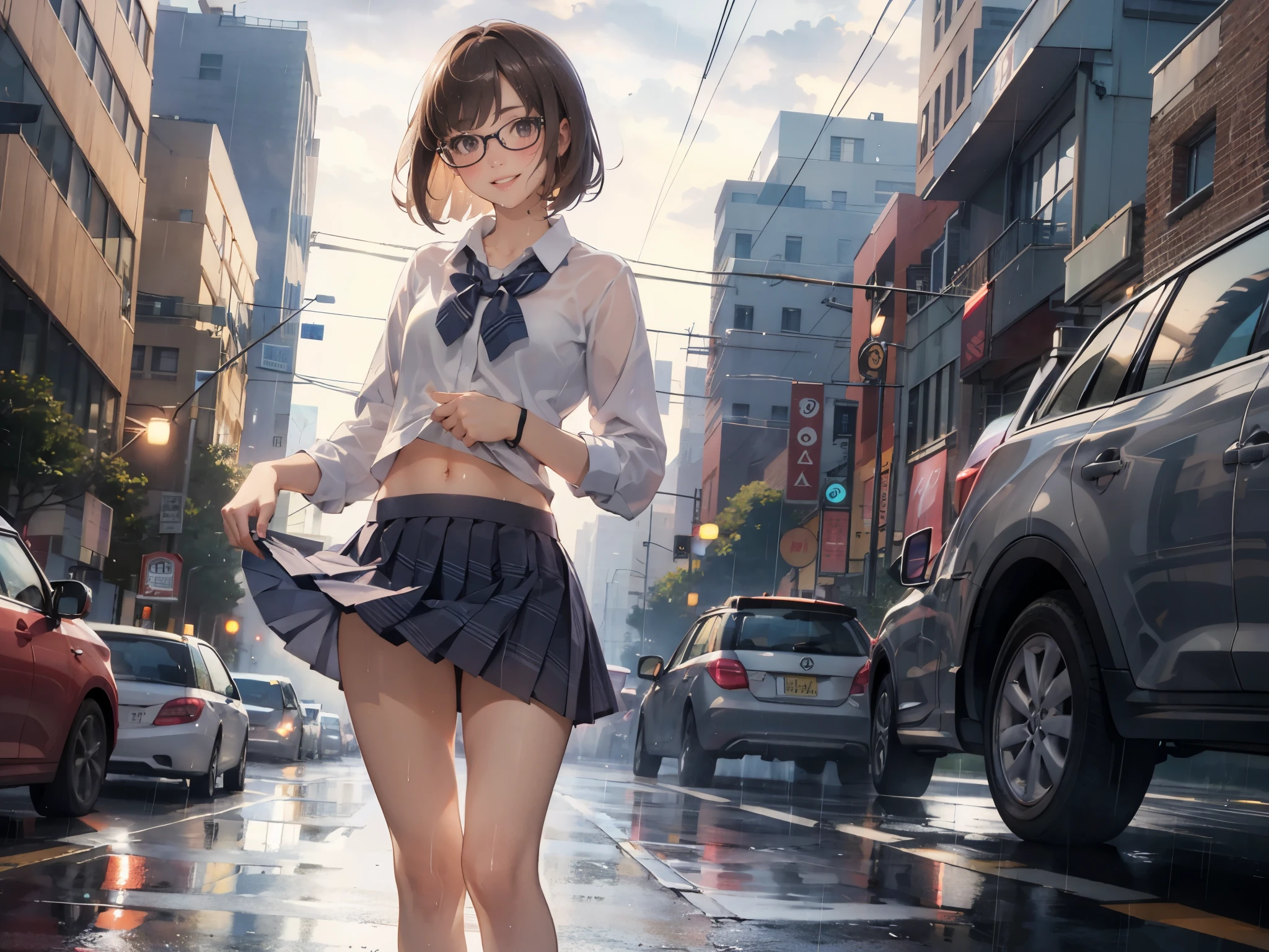 (super flat, flat shading), Honors Type, Really blushing, , high school girl, wearing long sleeve shirt and plaid pleated mini skirt, Short bob cut brown hair, Glasses, sweaty healthy body, smile, bare legs, loafers, ultra realistic, early morning, breeze skirt lift, (clothes lift:1.2) (navel:1.5), (standing and sex pose), in crowded street, rainy day, transparent clothes,