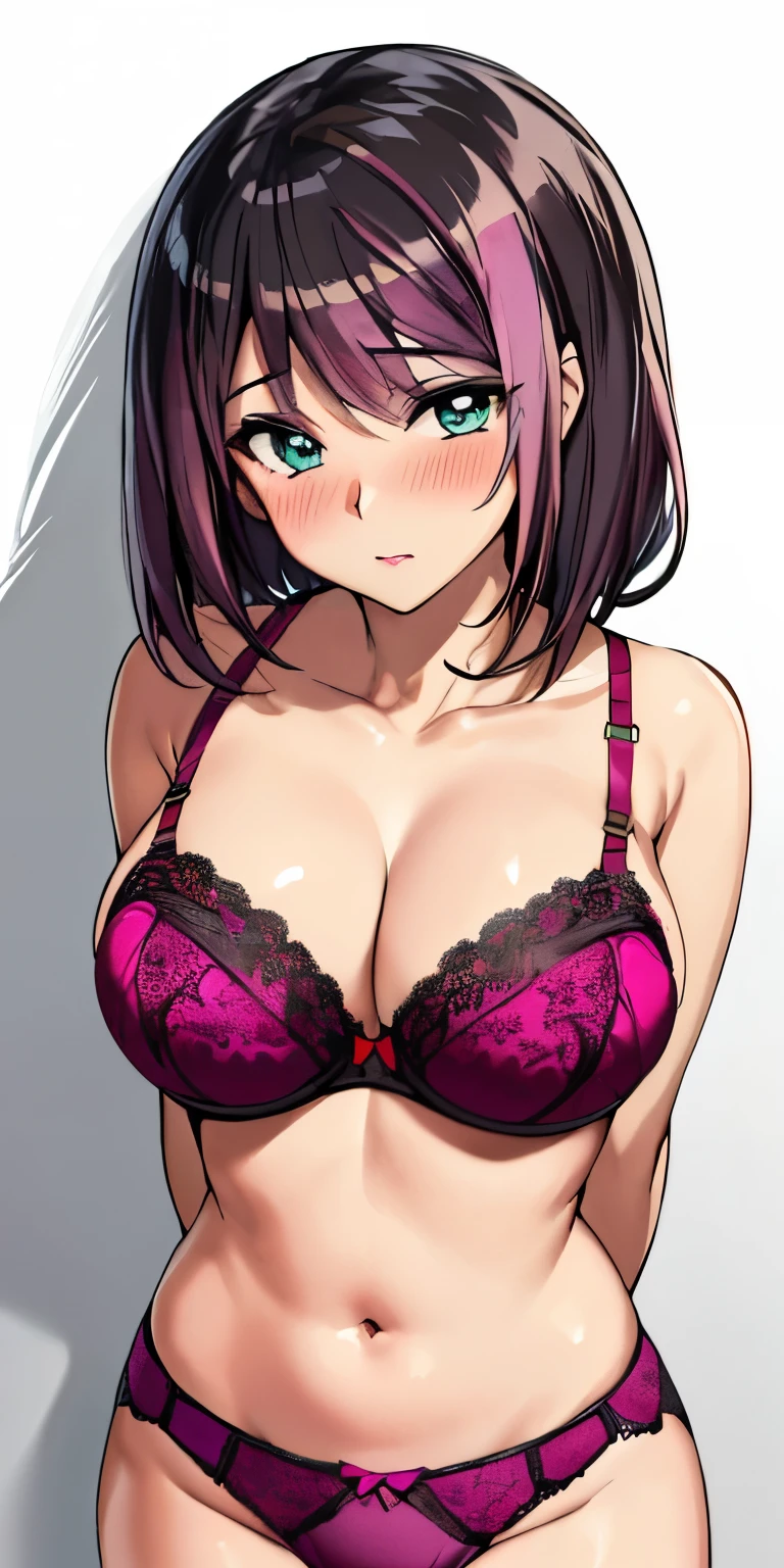 masterpiece, best quality, ultra-detailed, illustration,masterpiece, Best quality, high resolution, high resolution, droite, ((pink lace bra:1.2)),((pink lace panties)), cleavage,beautiful detailed eyes, looking at viewer in a seductive look, close up, (arms behind back:1.2), (from above:1.1),big sized breasts, attempt to seduce, standing,(blush),(huge tits:1.3)