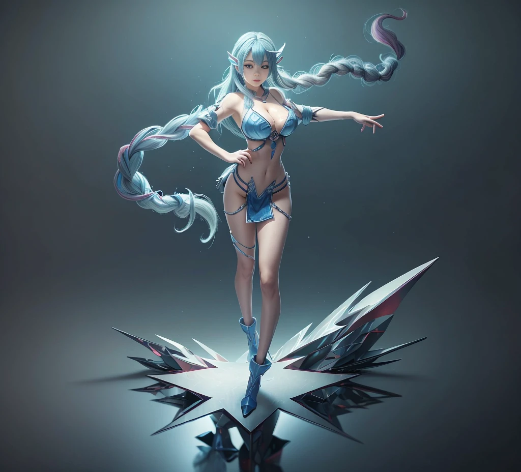 Blue Hair Surrealism, Character table, Reference Table, Standing painting, 8k, Super Detail, 1080P, Women HD, 4K, 8k, 16k, high resolution, best quality, high quality, Anatomically correct, masterpiece, precise, Ultra HD,grace,Unreal Engine,Delicate face,Long braids,slim,Long legs,miniskirt