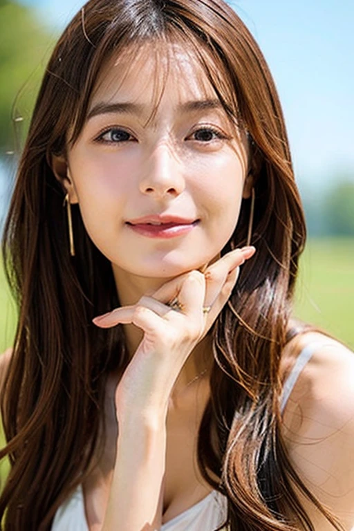 (RAW Photos, highest quality), (Realistic, Photorealistic:1.3), masterpiece, Very delicate and beautiful, Soft Light, (Brown Hair, Long hair swaying in the wind, bangs), Beautiful detailed girl, (Detailed fingers), Highly detailed eyes and face, Beautifully detailed nose, Beautiful fine details, 1 girl, Japanese, Pure beauty, cute, young, smile, No clothes, (Large Breasts), Realistic face, Realistic body, whole body, naked, big breast