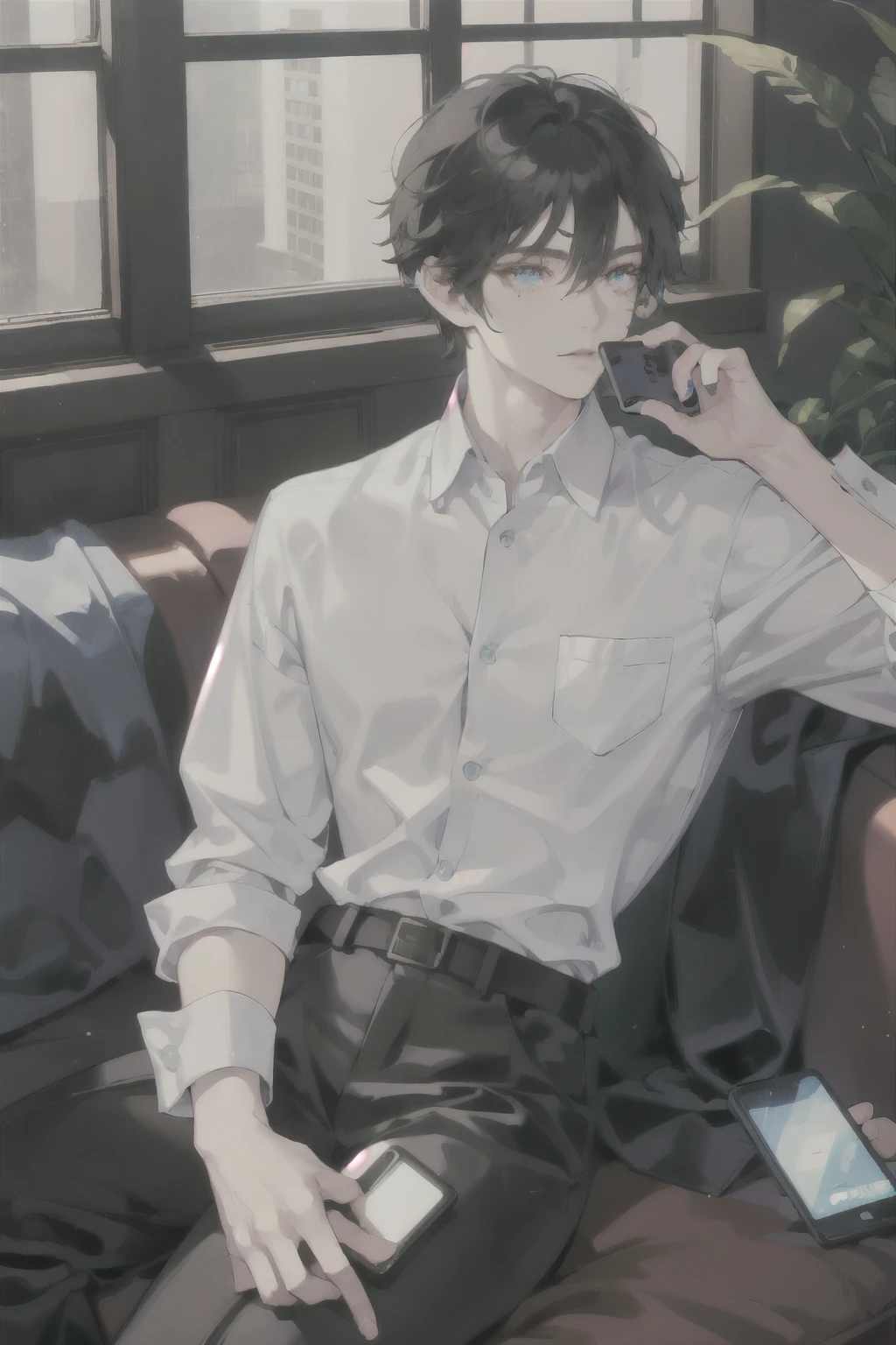 masterpiece, best quality, ultra detailed, (solo man), (male focus), ((Oblong face)), ((Square jawline)), black hair, ((hairs between eyes)), ((shoulder length)), ((narrow blue eye)), fair skin, skinny body, beauty mark, {uniform, outfit, clothes}, dress shirt, watch, holding a phone, sitting on sofa