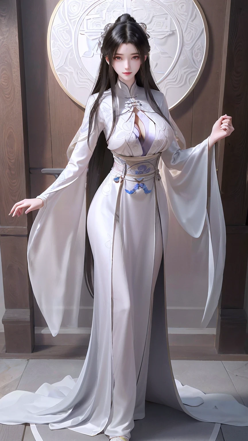 unparalleled masterpiece, ultra realistic 8k CG, perfect artwork, ((perfect female figure)), white hair, red eyes, mature female, milf, narrow waist, chinese deity, looking at viewer, seductive posture, sexy pose, alluring, clean, beautiful face, pure face, pale skin, absurdly long hair, (huge breasts, nsfw, breasts out, puffy nipples), shiny skin, skindentation,delicate pattern, intricate detail, (rich:1.4), (extremely detailed 8K chinese long embroidery silkrobe and silk long clothes and dress:1.2),slim body