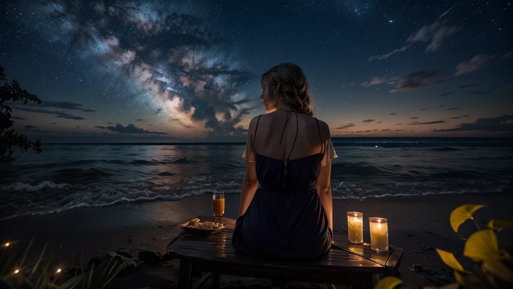 Starry skies, the sound of waves, fireflies, a slow beat, a woman sitting with her back to you.