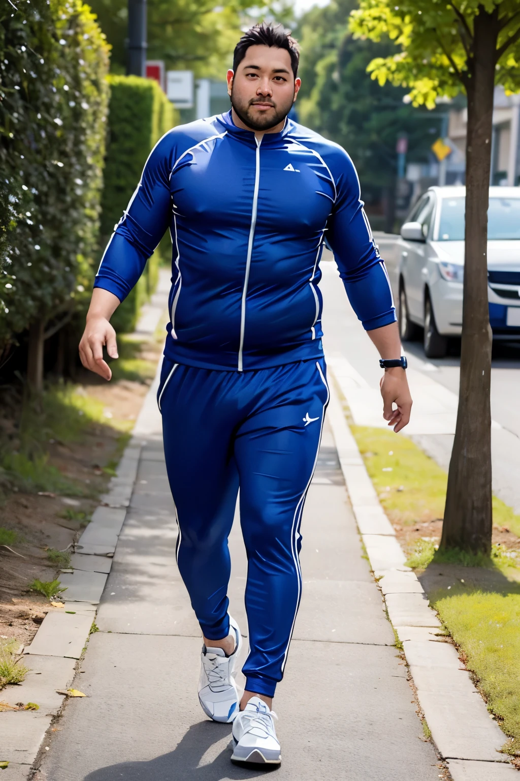 A man 35 years old slightly overweight in a slim-fit jogging costume full length.