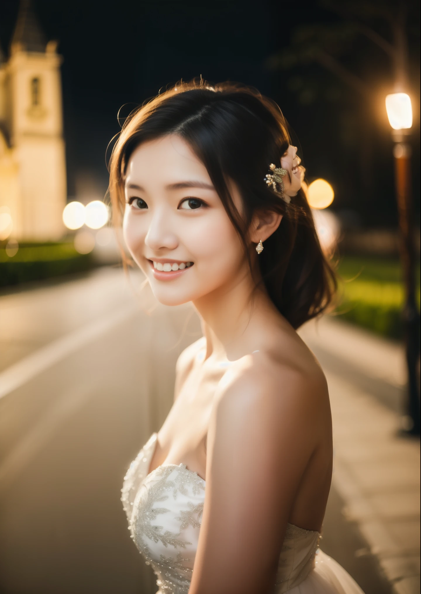 Beautiful 25 year old woman。She is wearing a wedding dress. She is smiling on illuminated by the evening church lights . romantic sunset. her dark brown hair. High resolution、masterpiece、highest quality、頭w:1.0、((Hasselblad Photos))、fine skin、(movie lighting)、clavicle . full body picture.