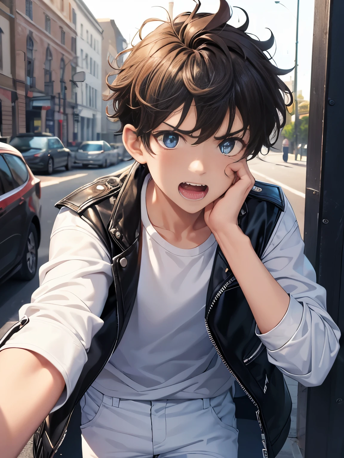 1boy,guy,Standing, Screaming, teeth showing, annoyed expression,close up photo,Focus on the face, 18 years old,Curly hair,blue eyes,medium hair,undercut hairstyle,light brown hair,black jacket,Leather jacket,white t-shirt,white trousers,morning,ultra detail,masterpiece