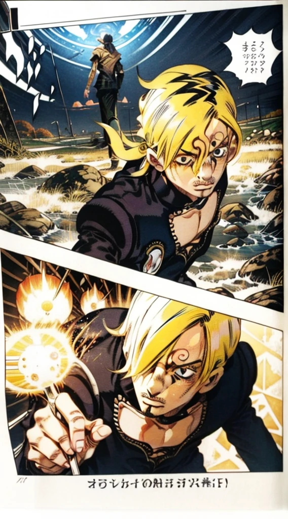 Tarot Cardajor arcana、Positive position、All 22 Cards、22 divisionasterpiece、
1man, sanji in anime one piece, short hair , yellow hair, black eyes, handsome, black clothes, 
Vinsmoke Sanji, Clear eyes,
Tarot Cardajor arcana、Positive position、All 22 Cards、22 divisionasterpiece、