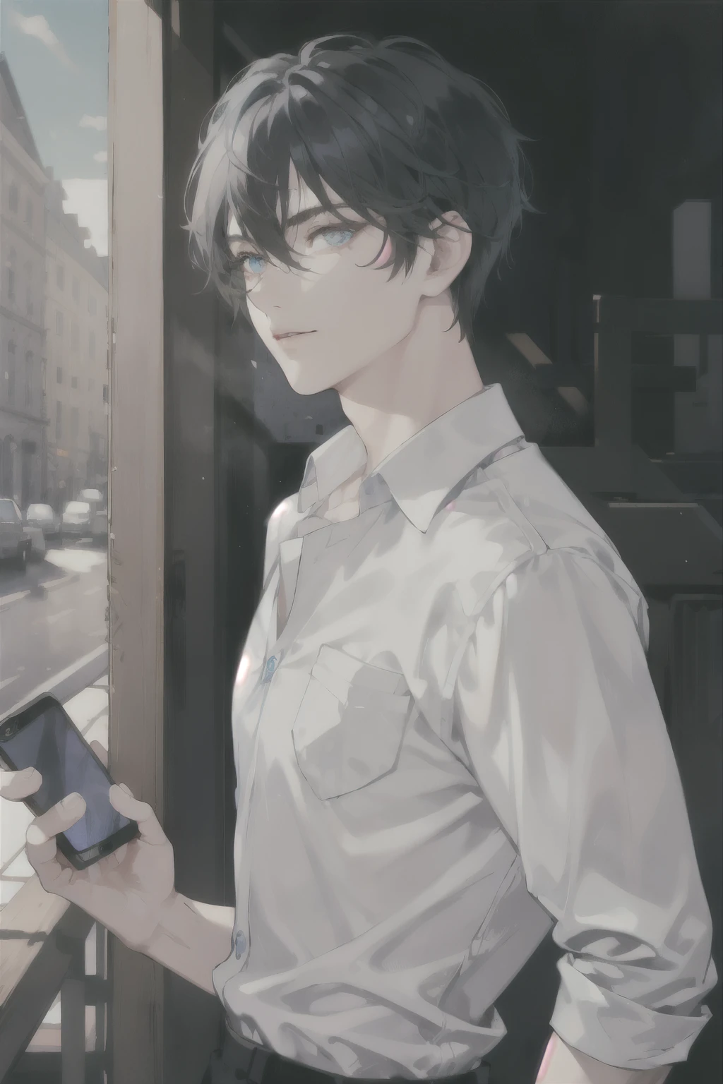 masterpiece, best quality, ultra detailed, (solo man), (male focus), ((Oblong face)), ((Square jawline)), black hair, ((hairs between eyes)), ((shoulder length)), ((narrow blue eye)), fair skin, skinny body, beauty mark, {uniform, outfit, clothes}, dress shirt, watch, holding a phone, stand against the wall