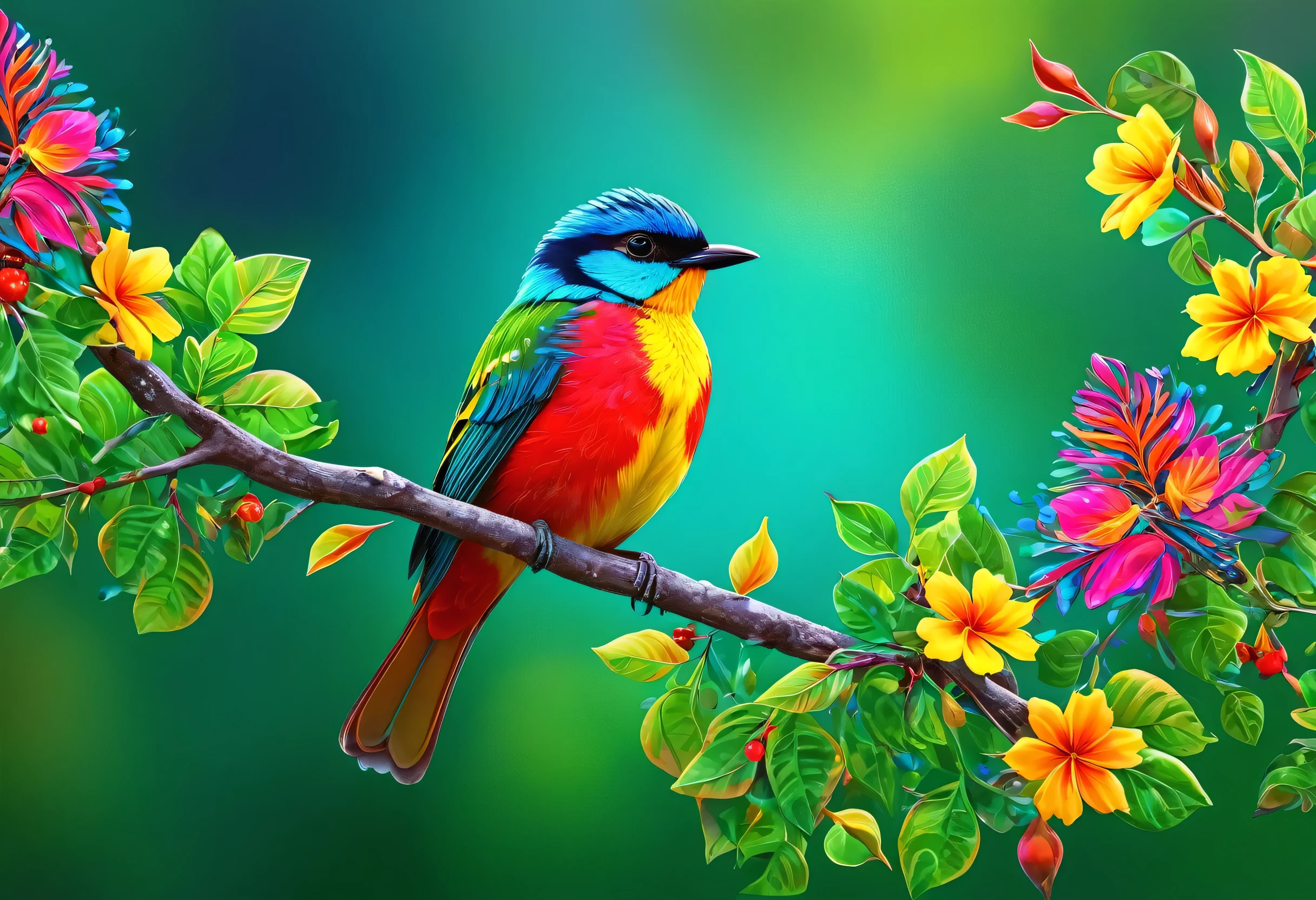 A brightly colored bird perched on a branch with leaves and flowers, Colorful HD images, Colorful 8 k, Multicolored birds, Beautiful and colorful, Long colorful bird, Beautiful colorful, Colorful 4K, Beautiful and vibrant colors, Colourful and detailed, Highly detailed digital art in 4K, Vibrant and realistic colors, Beautiful Art UHD 4K, Surreal Bird