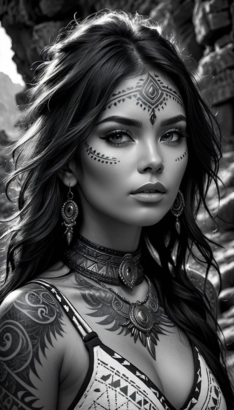 (monochrome:1.3), black and white photography, dark theme, (realistic, photo-realistic:1.37), (ohwx woman), woman with tribal tattoos on face and neck, realistic, cowboy shot, fantasy world, vibrant colors, dramatic lighting, oil painting style, mystical atmosphere, flowing hair, surreal landscapes, intricate details, ethereal beings, supernatural elements, ancient ruins, magical creatures