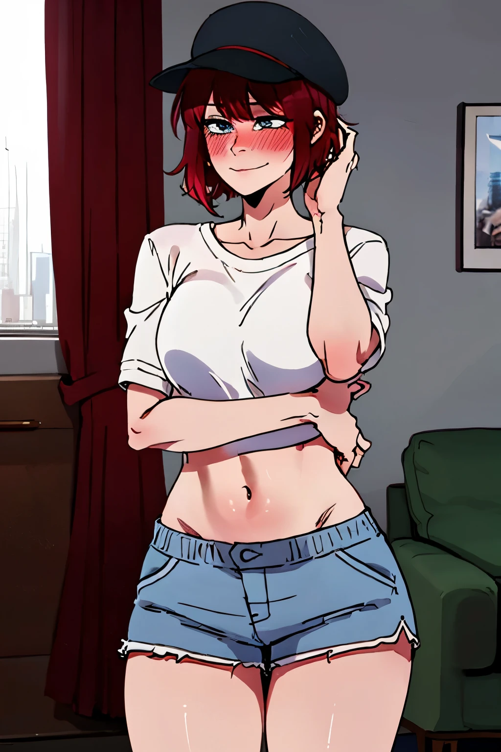 (highest quality:1.4), 8K resolution, Ultra HD, (High resolution:1.4), cinematic light, 1 girl, embarrassed face, very fine eyes,small breasts、white skin,indoor、Clear blue sky,blush、(looking at the viewer)、model pose、forced smile、cowboy shot、short hair、red hair、(highly detailed eyes)、(short cut shirt)、(shorts)、Navel、hat