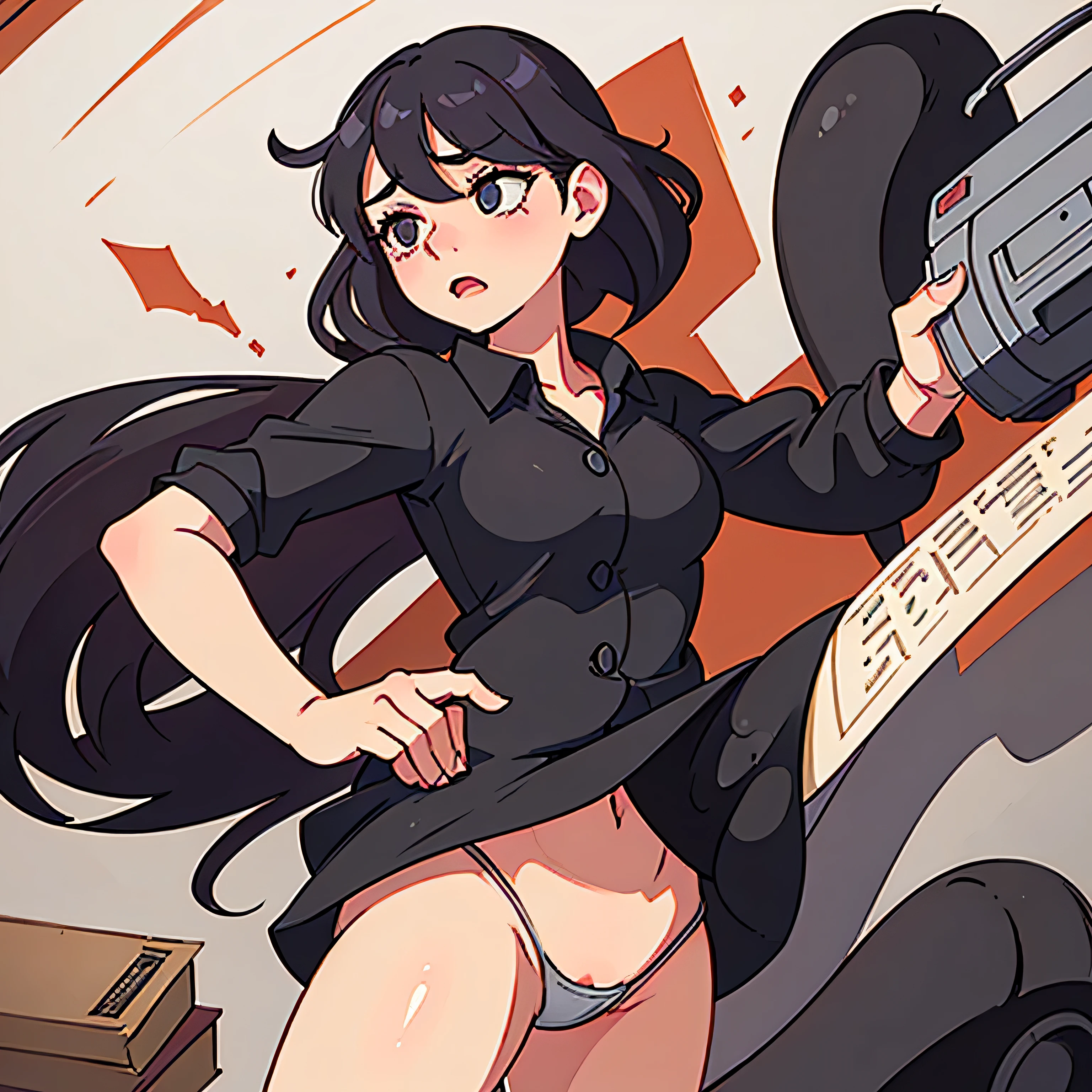 an comic image of the library with cute kinky woman with (no pants and no skirt) is falling over. (no panties), full-length black tights, The scene is set in a softly lit, masterpiece quality, sensuality, upset expression