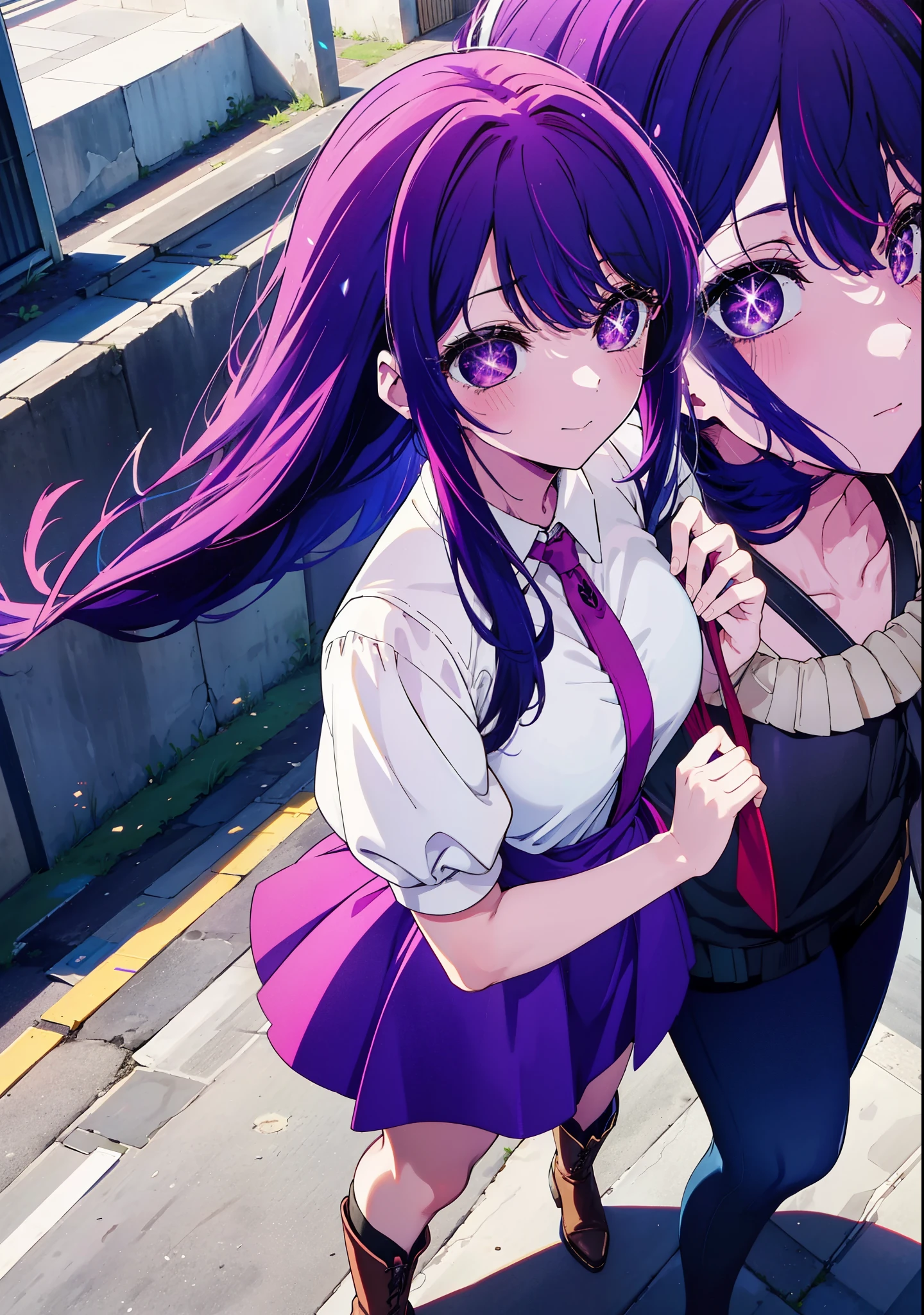 aihoshino, Ai Hoshino, Long Hair, bangs, (Purple eyes:1.1), Purple Hair, (Symbol-shaped pupil:1.5), smile,Medium chest,happy smile, smile, Close your mouth,Hunting Hat,Purple sleeveless dress,Purple mini skirt,Black knee socks,short boots,
Place your right hand on your hip,Looking up from below,whole bodyがイラストに入るように,
break outdoors, In town,ビル街
break looking at viewer, whole body,
break (masterpiece:1.2), highest quality, High resolution, unity 8k wallpaper, (figure:0.8), (Beautiful fine details:1.6), Highly detailed face, Perfect lighting, Highly detailed CG, (Perfect hands, Perfect Anatomy),